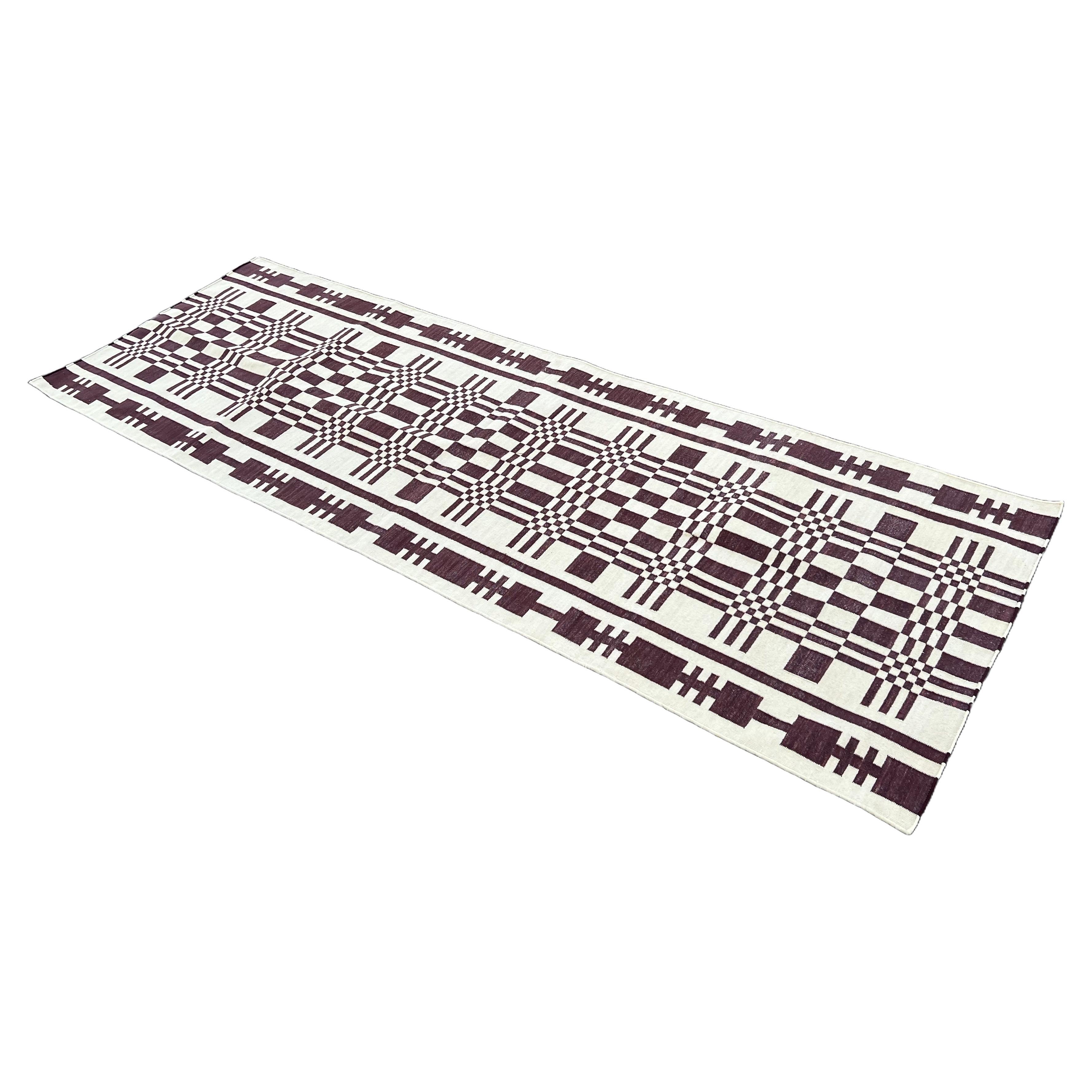 Handmade Cotton Area Flat Weave Runner, Brown And White Geometric Indian Dhurrie For Sale