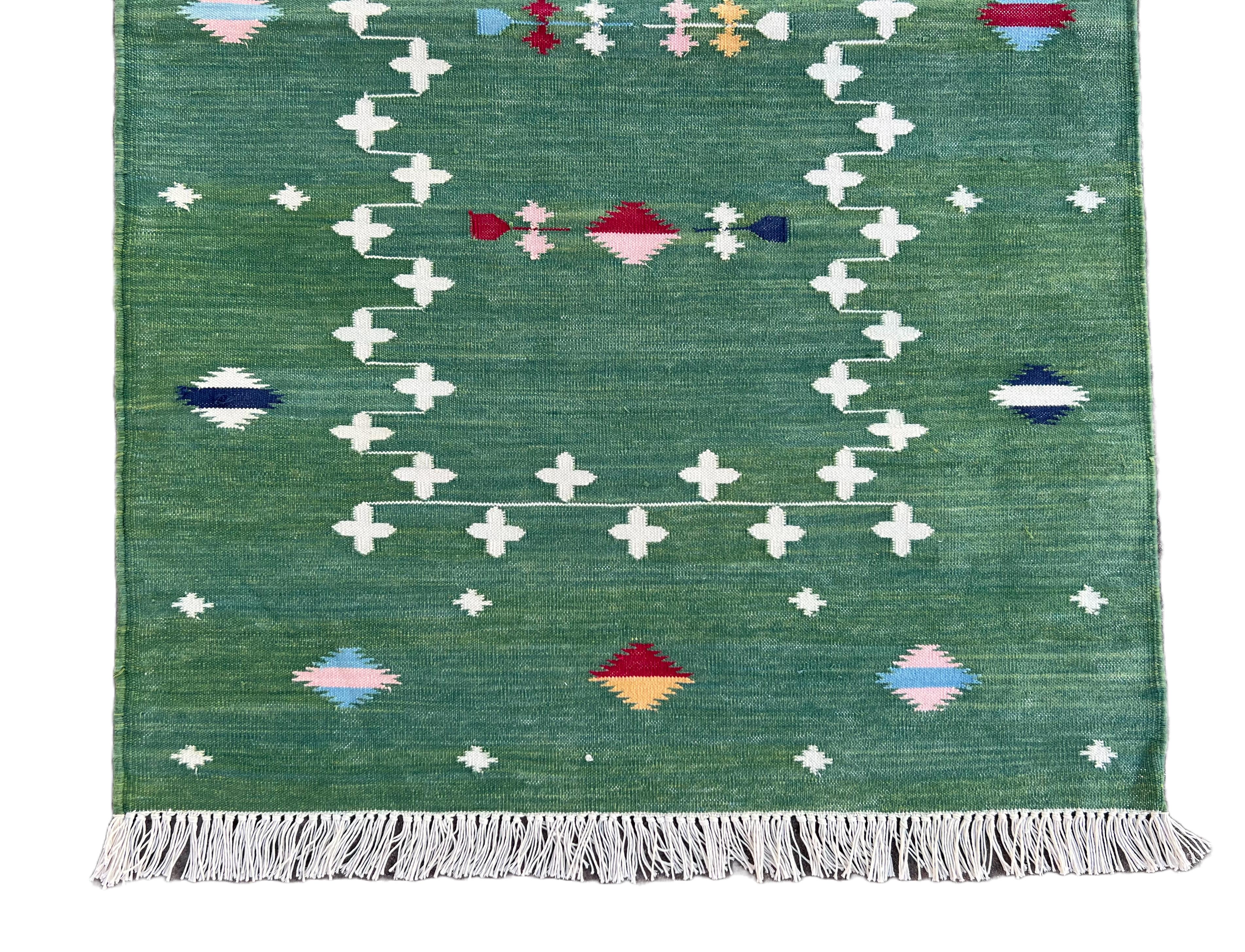 Handmade Cotton Area Flat Weave Runner, Forest Green & White Indian Dhurrie Rug For Sale 2