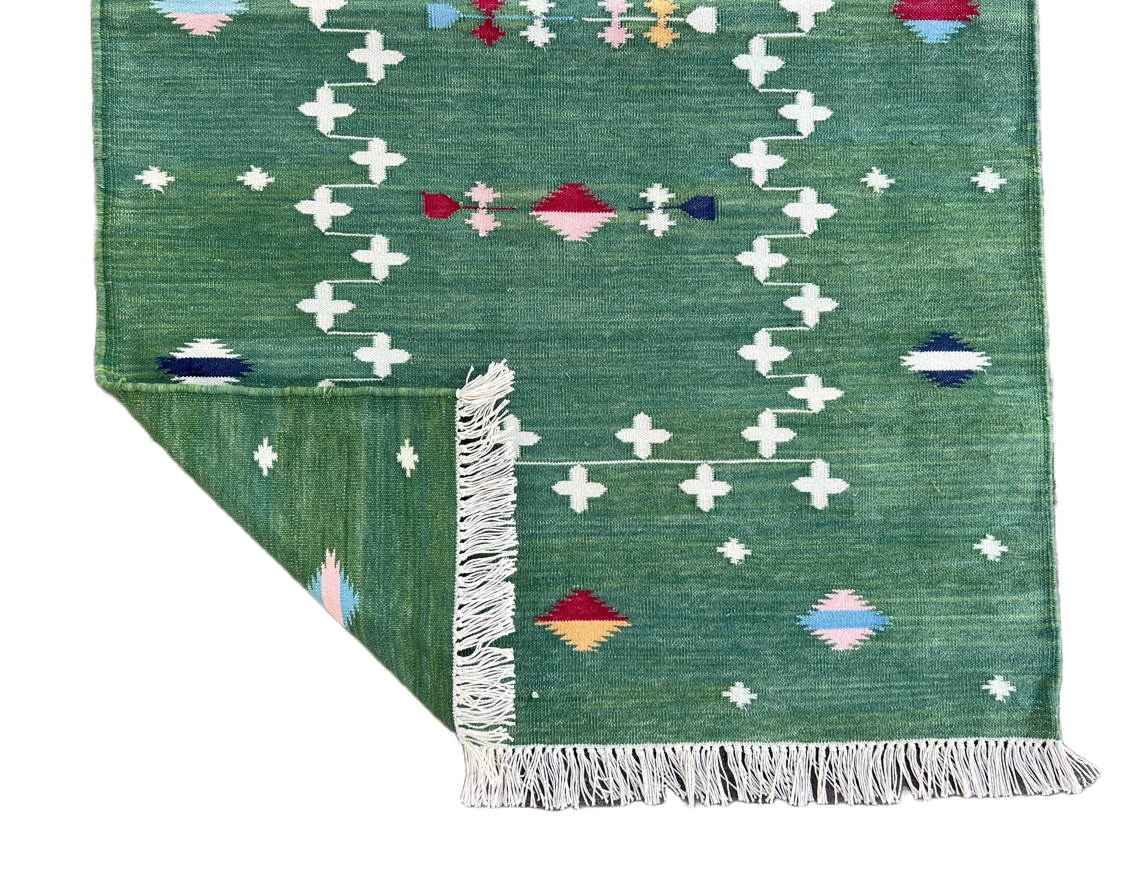 Handmade Cotton Area Flat Weave Runner, Forest Green & White Indian Dhurrie Rug For Sale 3