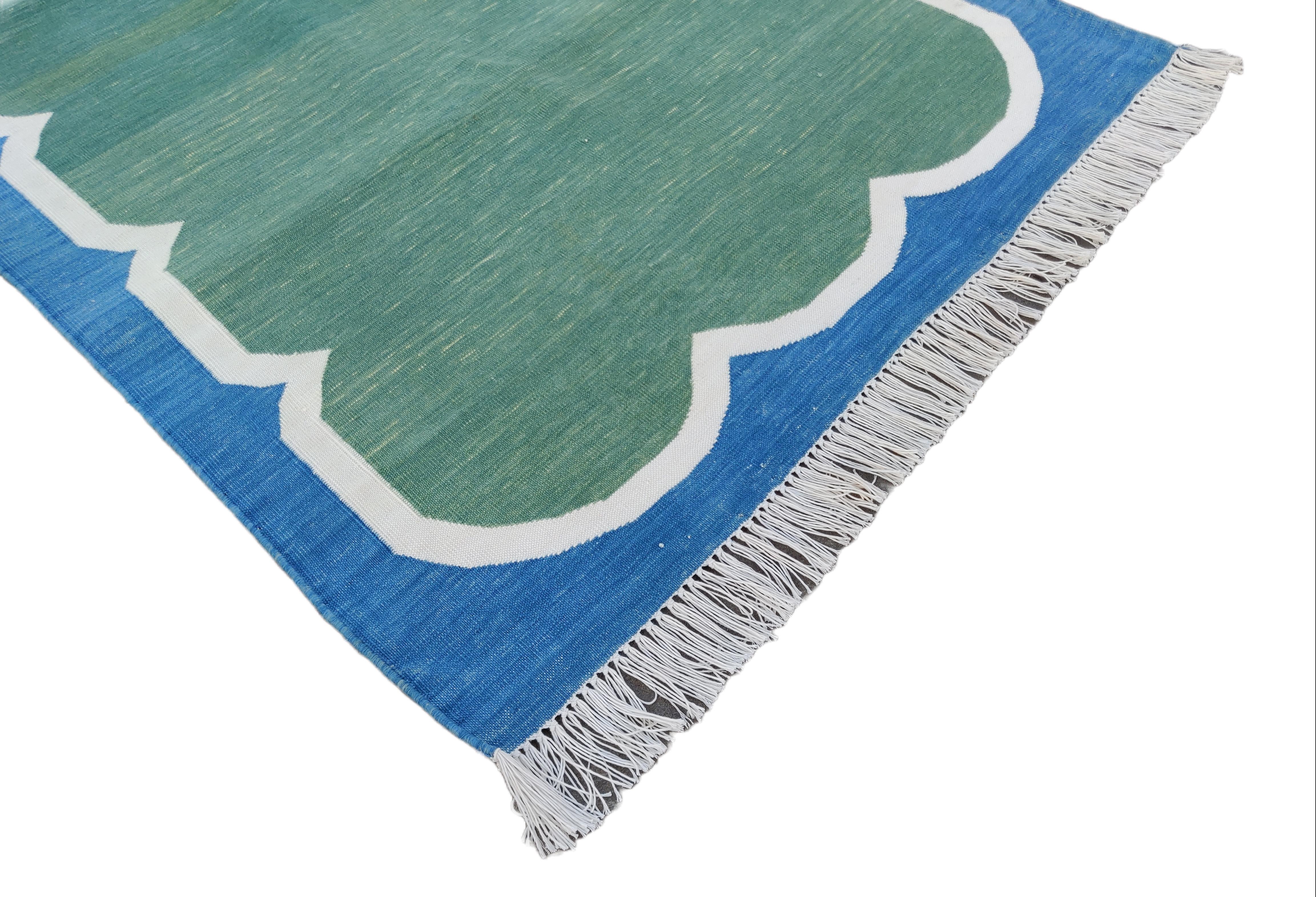 Mid-Century Modern Handmade Cotton Area Flat Weave Runner, Green And Blue Scalloped Indian Dhurrie For Sale