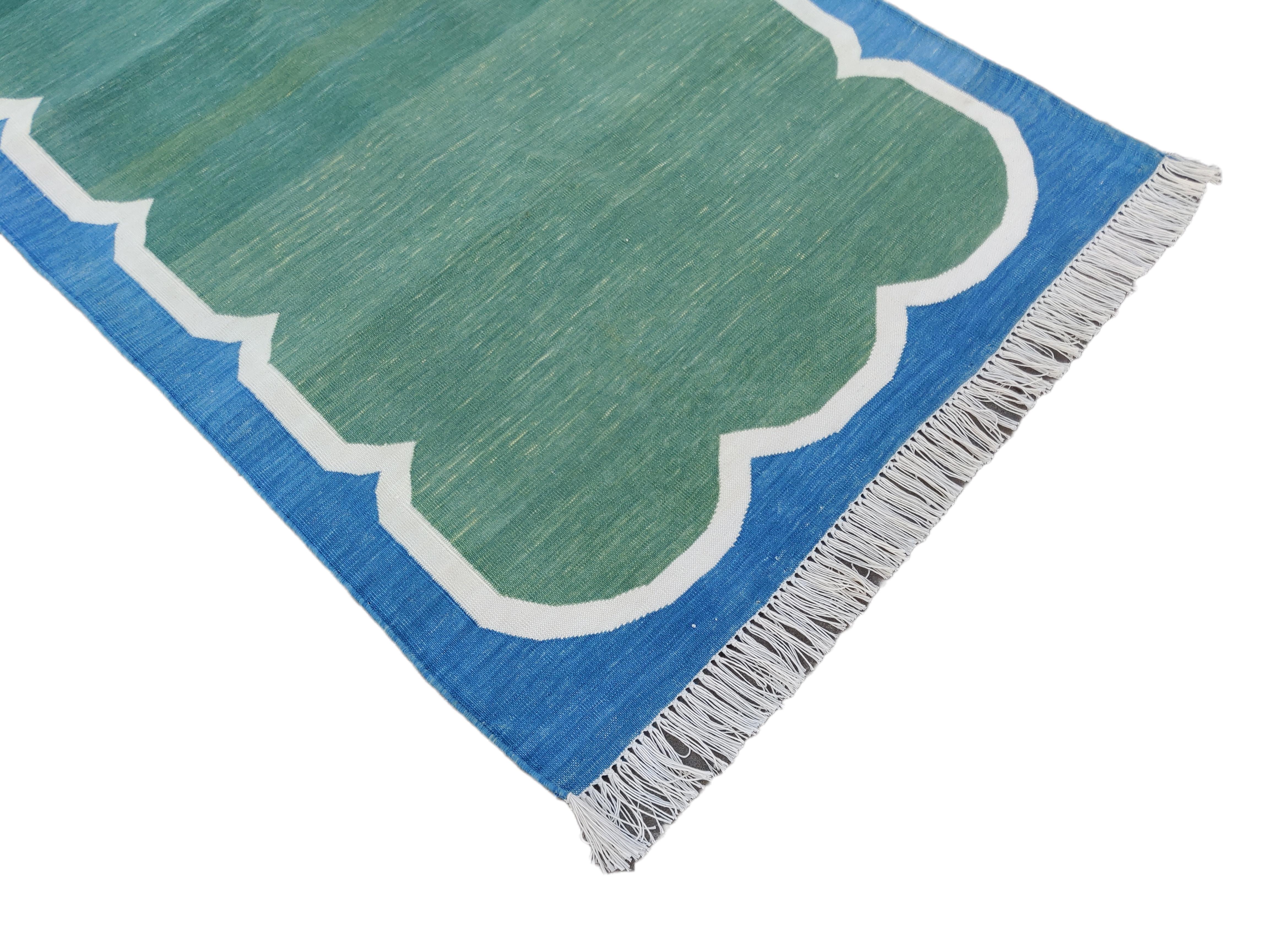 Contemporary Handmade Cotton Area Flat Weave Runner, Green And Blue Scalloped Indian Dhurrie For Sale