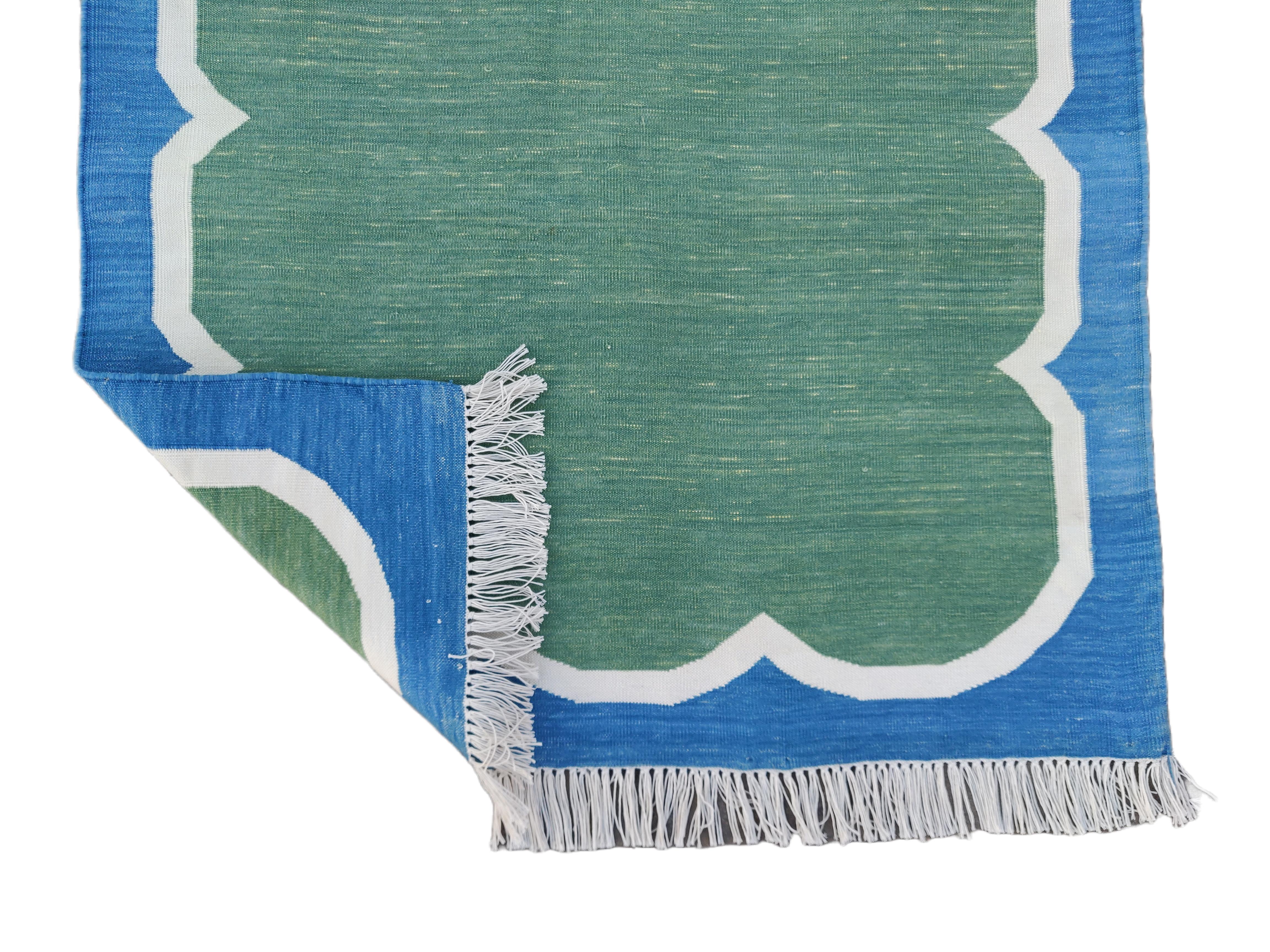 Handmade Cotton Area Flat Weave Runner, Green And Blue Scalloped Indian Dhurrie For Sale 3