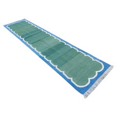 Handmade Cotton Area Flat Weave Runner, Green And Blue Scalloped Indian Dhurrie