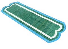Handmade Cotton Area Flat Weave Runner, Green & Blue Scallop Indian Dhurrie Rug
