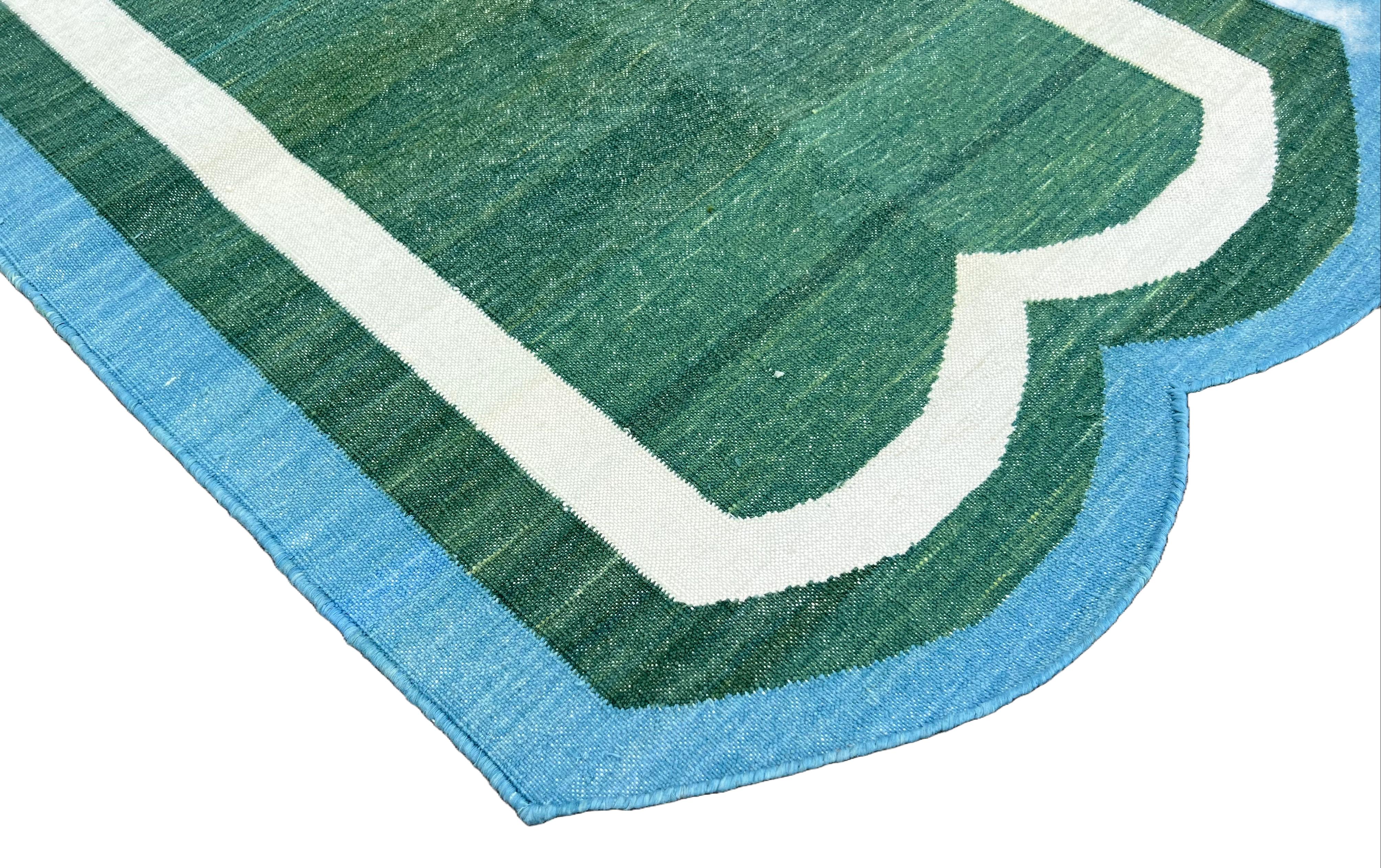 Mid-Century Modern Handmade Cotton Area Flat Weave Runner, Green & Blue Scallop Indian Dhurrie Rug For Sale