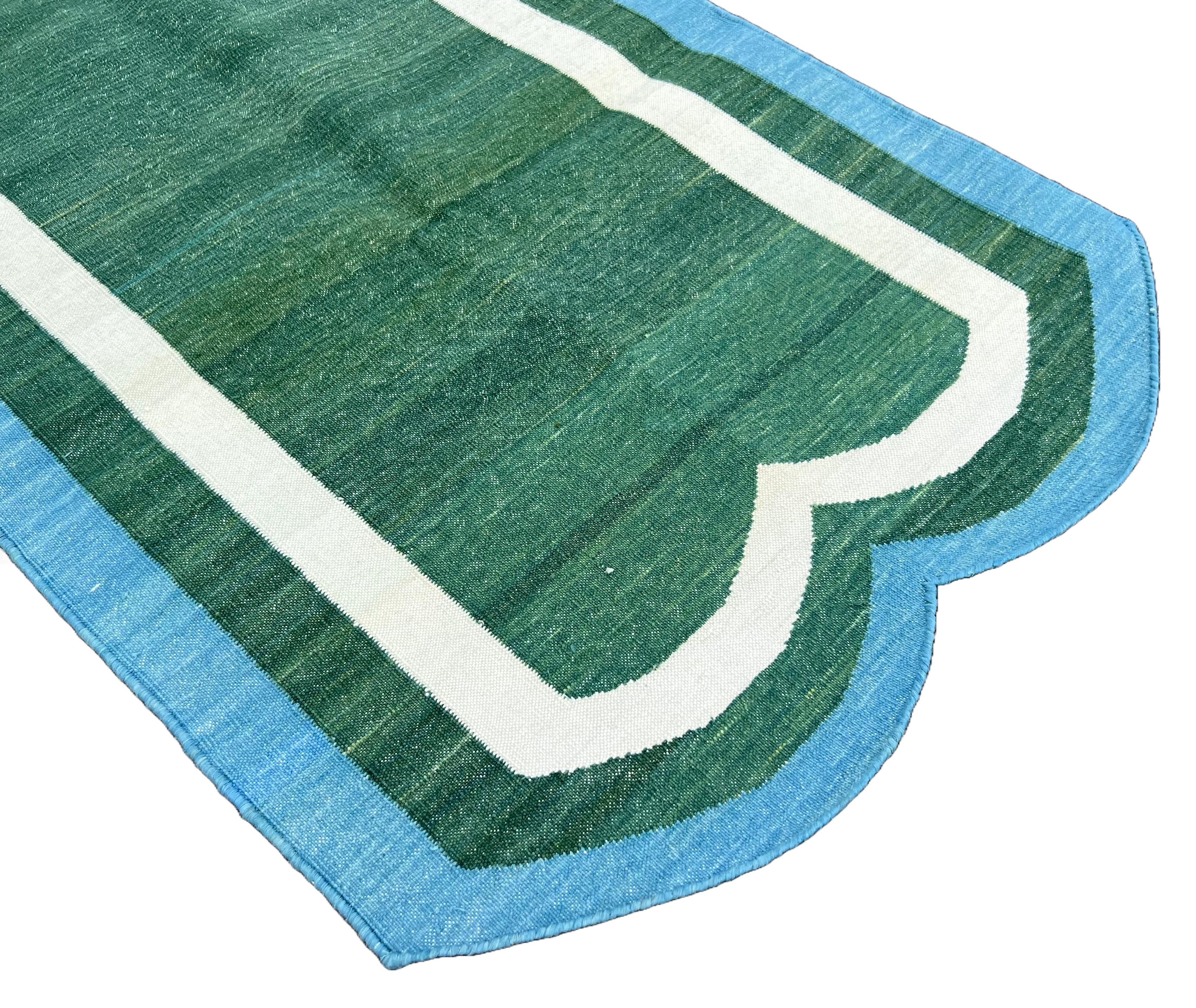 Hand-Woven Handmade Cotton Area Flat Weave Runner, Green & Blue Scallop Indian Dhurrie Rug For Sale