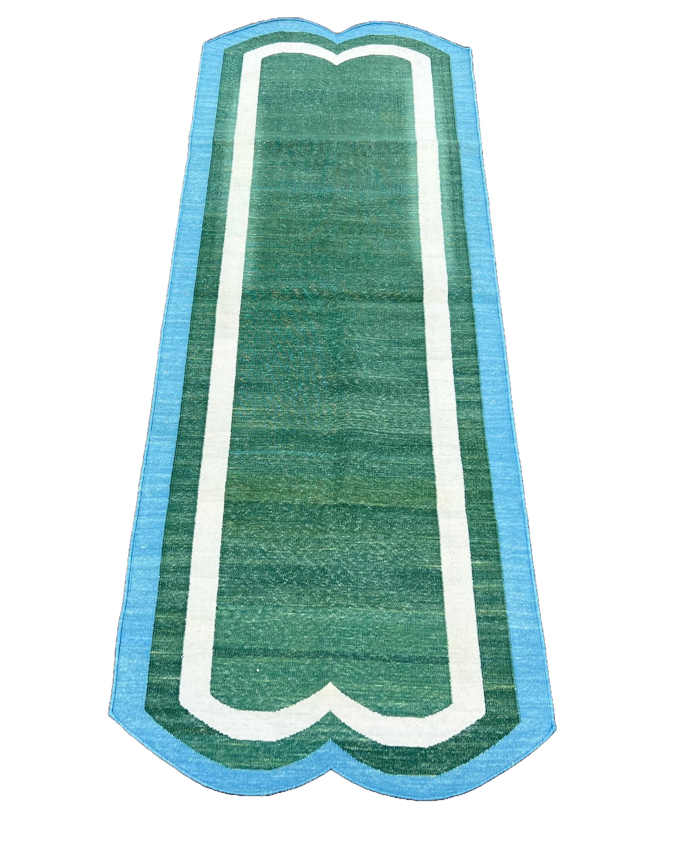 Contemporary Handmade Cotton Area Flat Weave Runner, Green & Blue Scallop Indian Dhurrie Rug For Sale