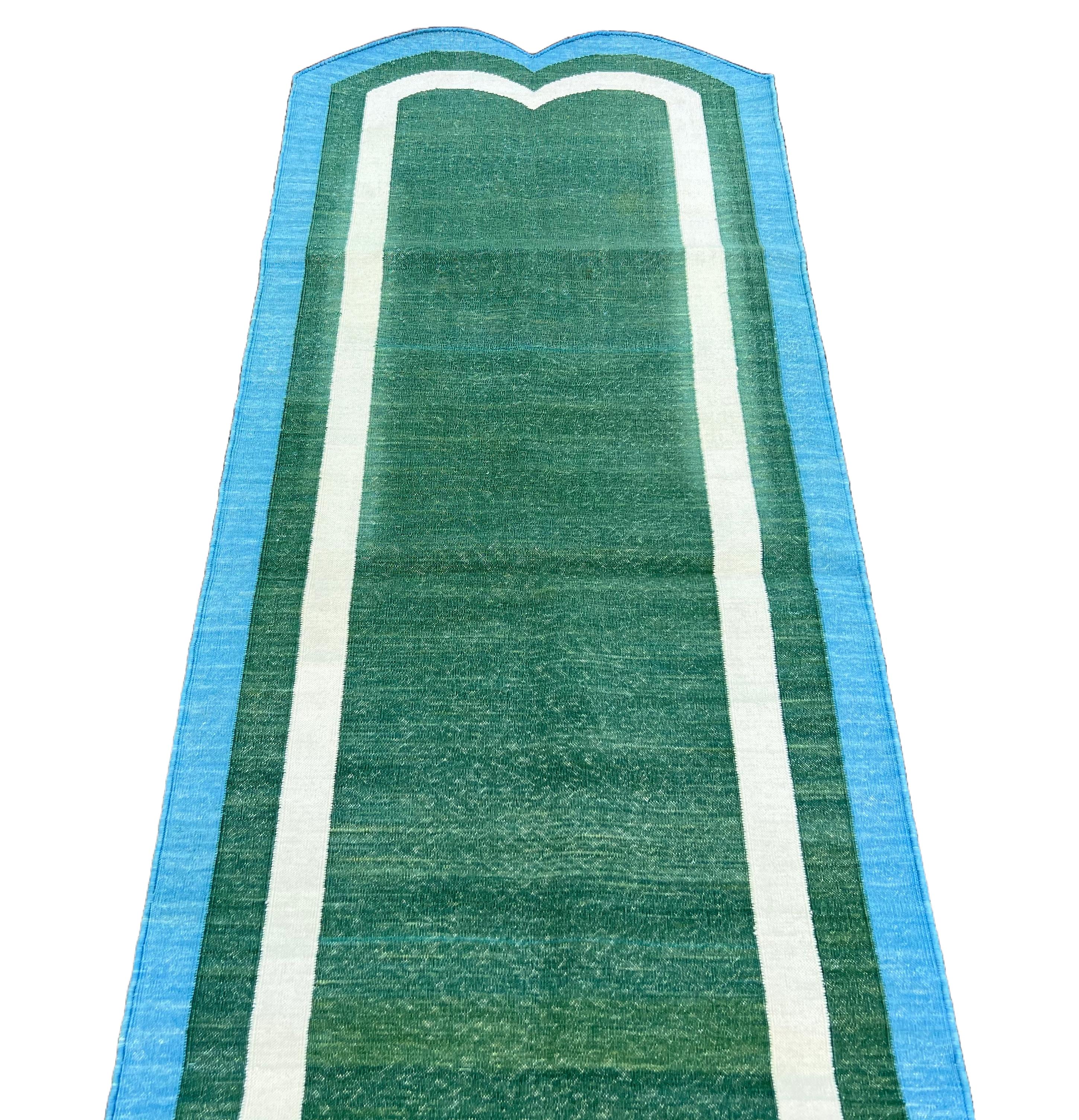 Handmade Cotton Area Flat Weave Runner, Green & Blue Scallop Indian Dhurrie Rug For Sale 1