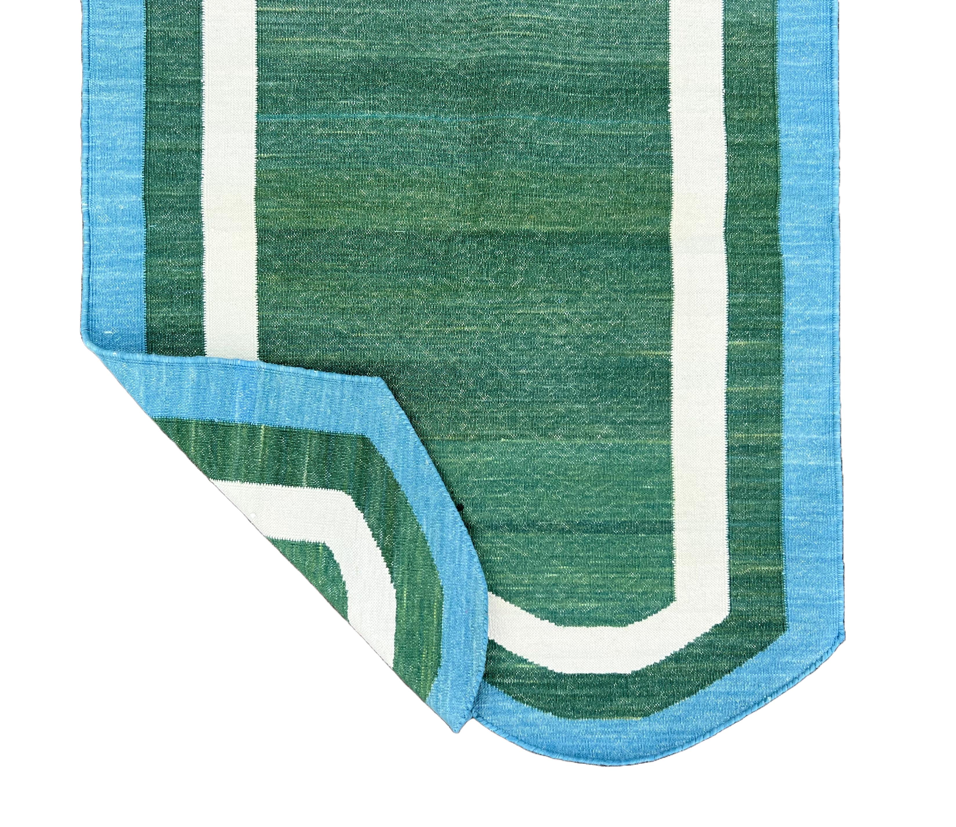 Handmade Cotton Area Flat Weave Runner, Green & Blue Scallop Indian Dhurrie Rug For Sale 2