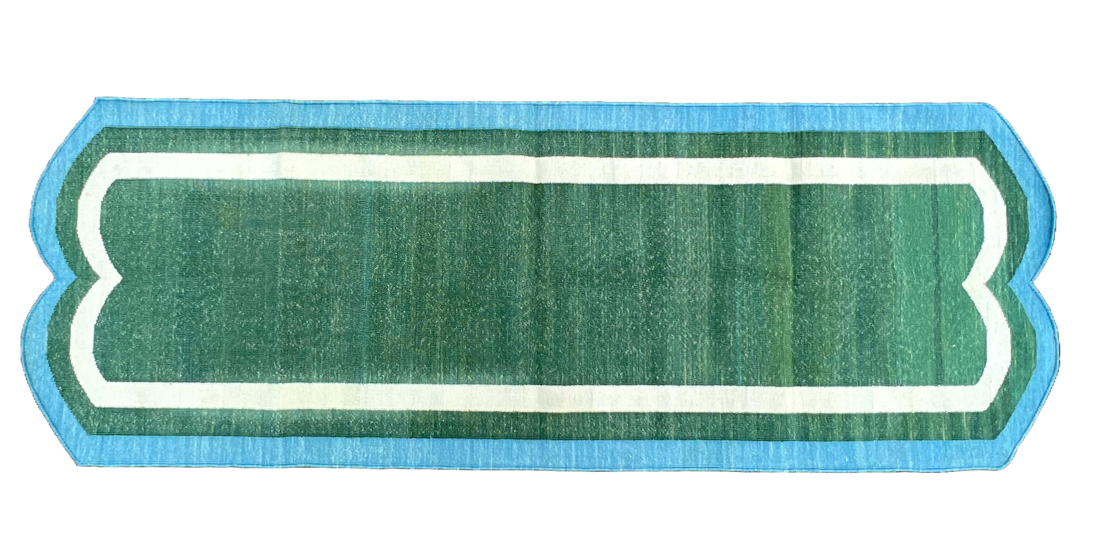 Handmade Cotton Area Flat Weave Runner, Green & Blue Scallop Indian Dhurrie Rug For Sale 3
