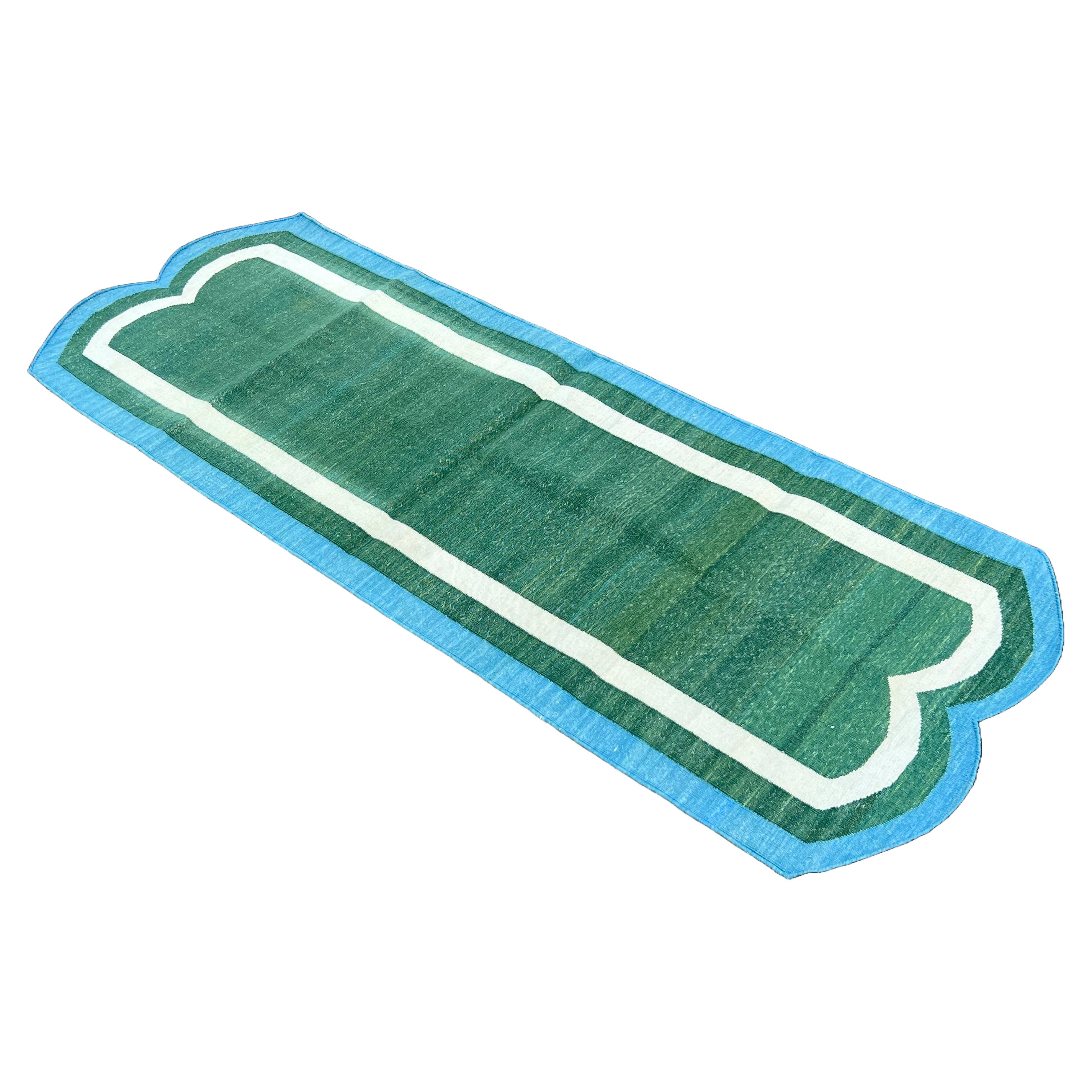 Handmade Cotton Area Flat Weave Runner, Green & Blue Scallop Indian Dhurrie Rug For Sale