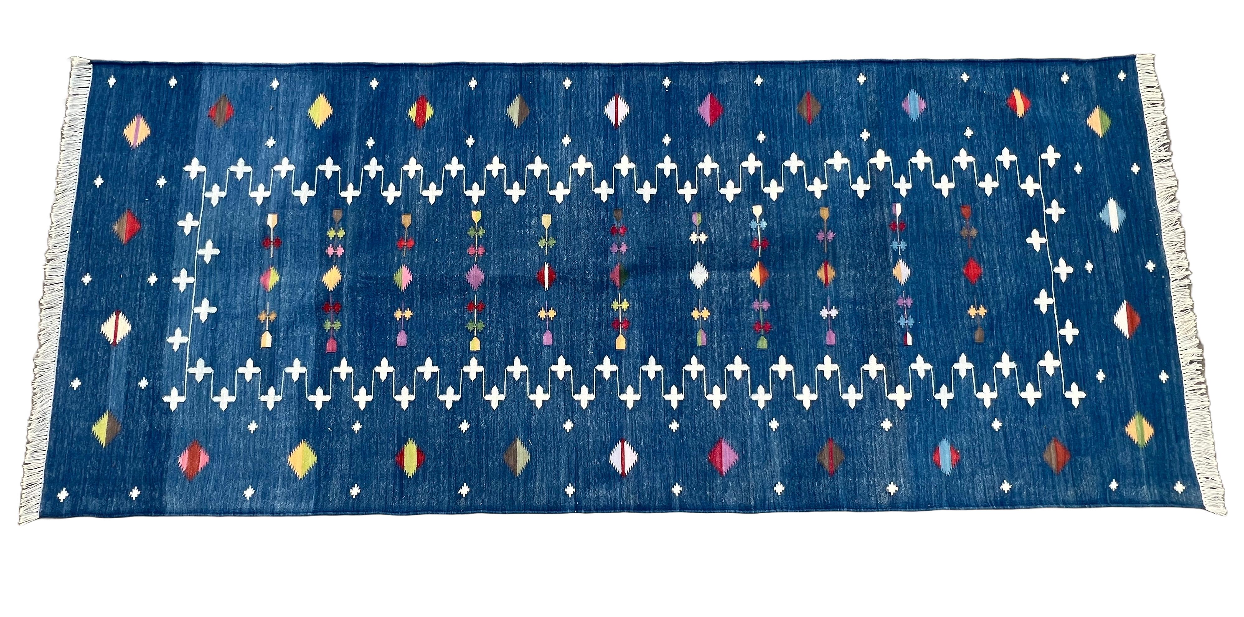 Hand-Woven Handmade Cotton Area Flat Weave Runner, Indigo Blue & White Indian Dhurrie Rug For Sale