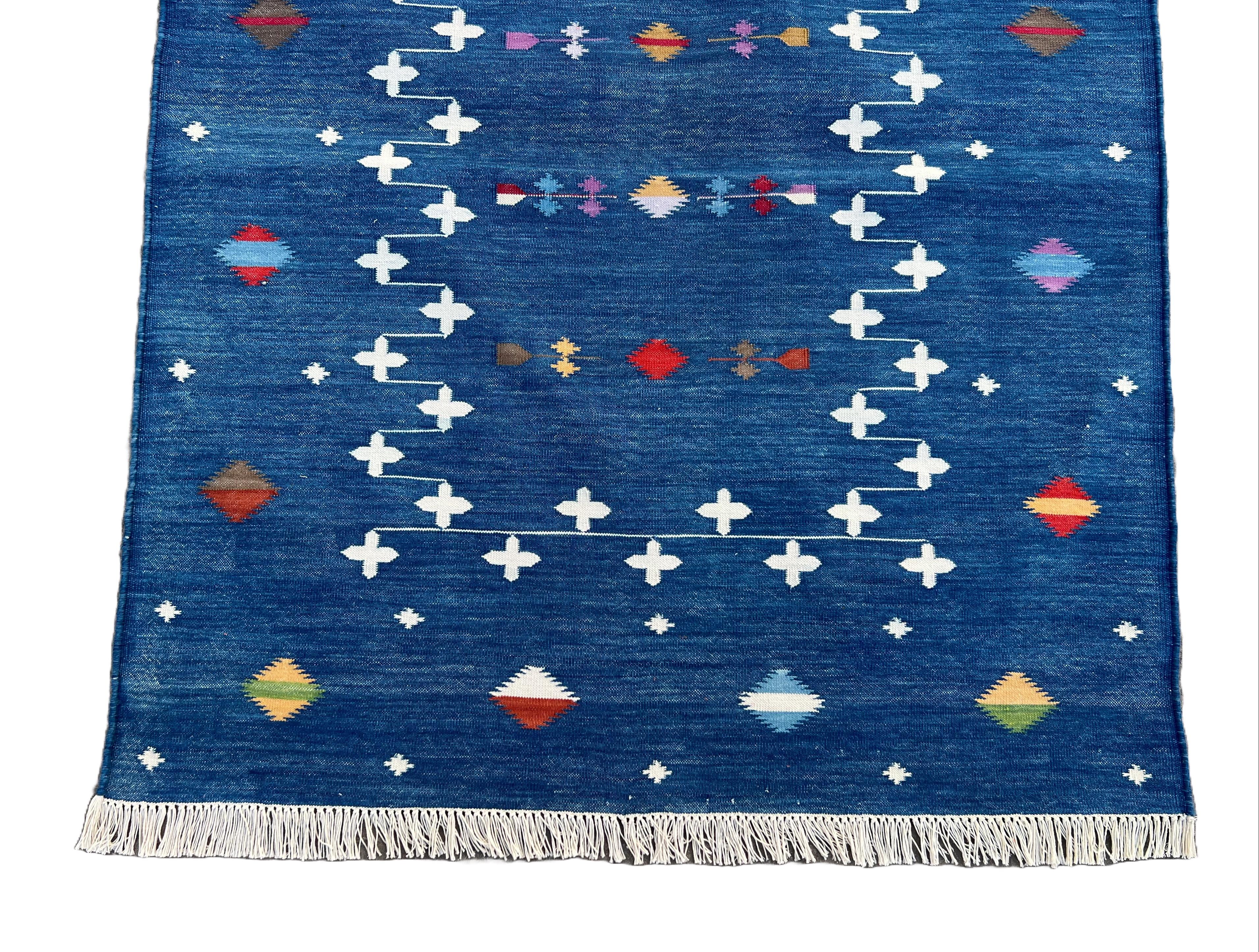 Handmade Cotton Area Flat Weave Runner, Indigo Blue & White Indian Dhurrie Rug For Sale 2
