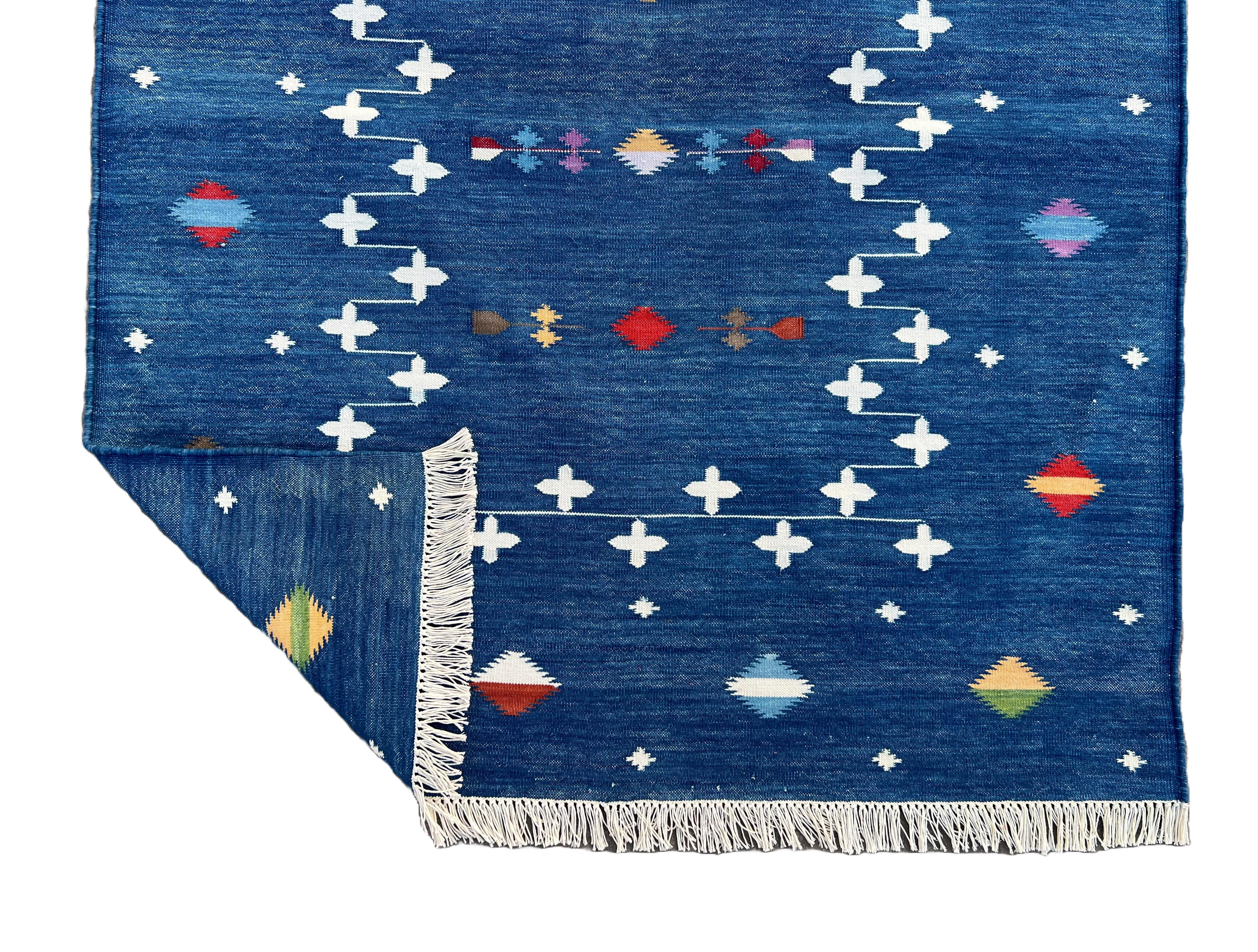 Handmade Cotton Area Flat Weave Runner, Indigo Blue & White Indian Dhurrie Rug For Sale 3