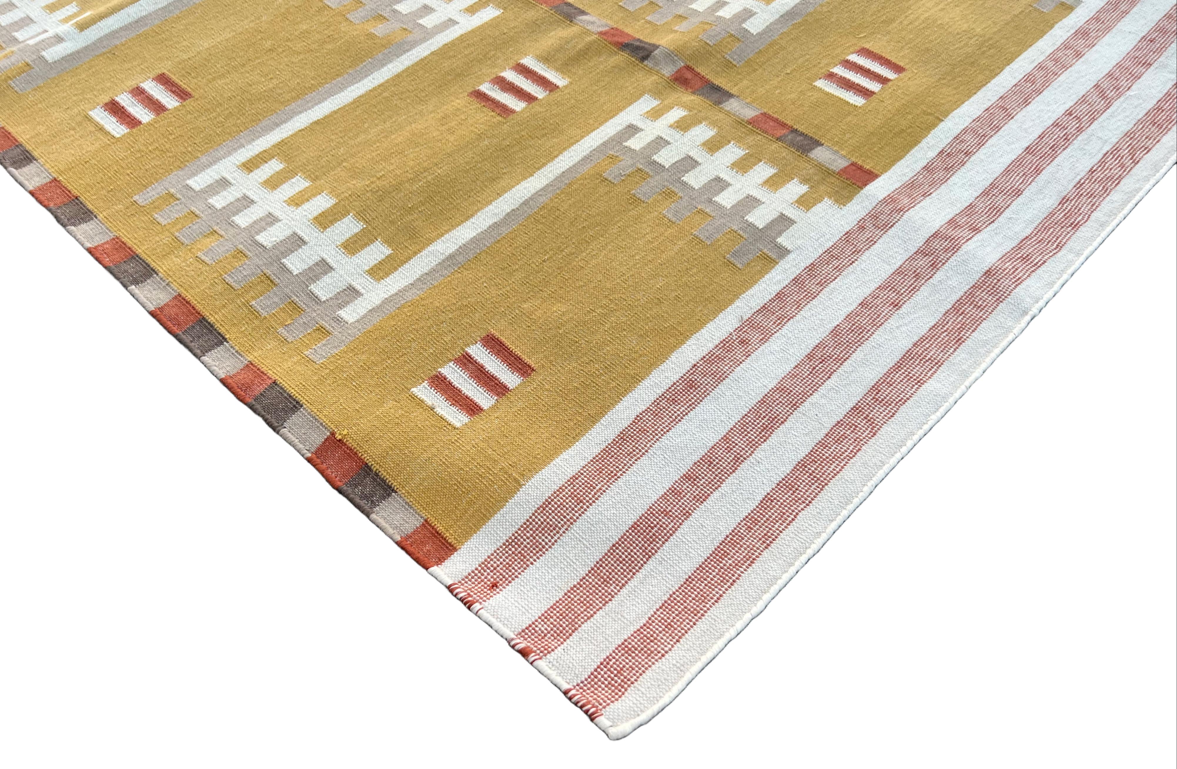 Mid-Century Modern Handmade Cotton Area Flat Weave Runner, 3x10 Mustard Geometric Indian Dhurrie For Sale