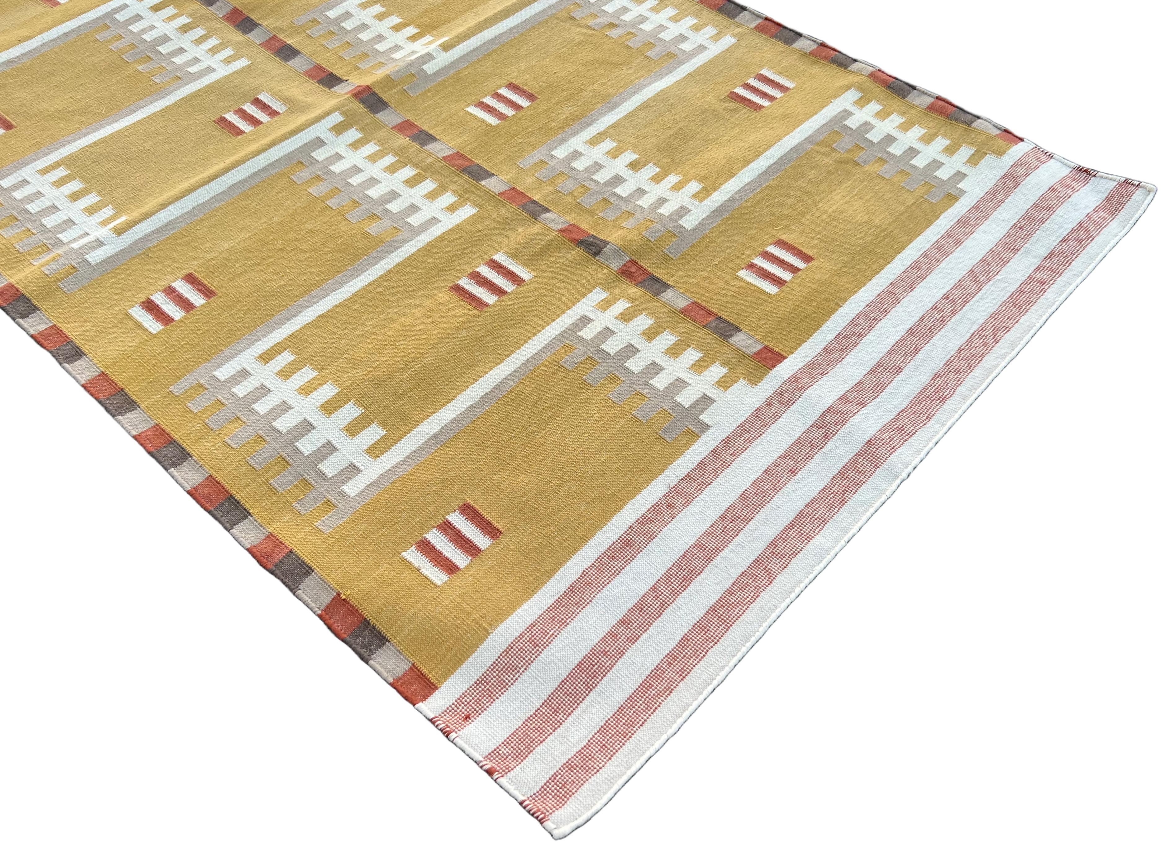 Hand-Woven Handmade Cotton Area Flat Weave Runner, 3x10 Mustard Geometric Indian Dhurrie For Sale
