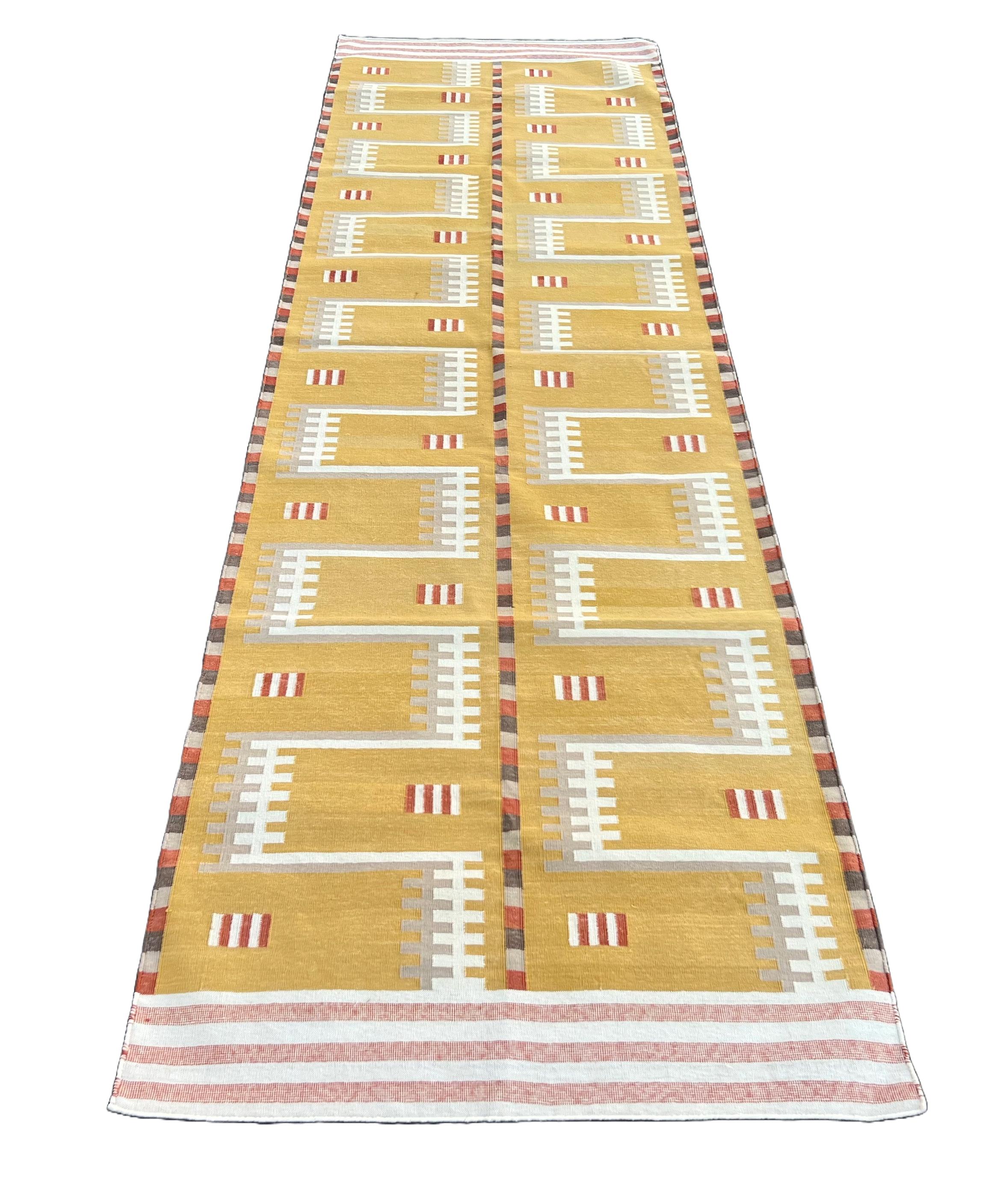 Contemporary Handmade Cotton Area Flat Weave Runner, 3x10 Mustard Geometric Indian Dhurrie For Sale