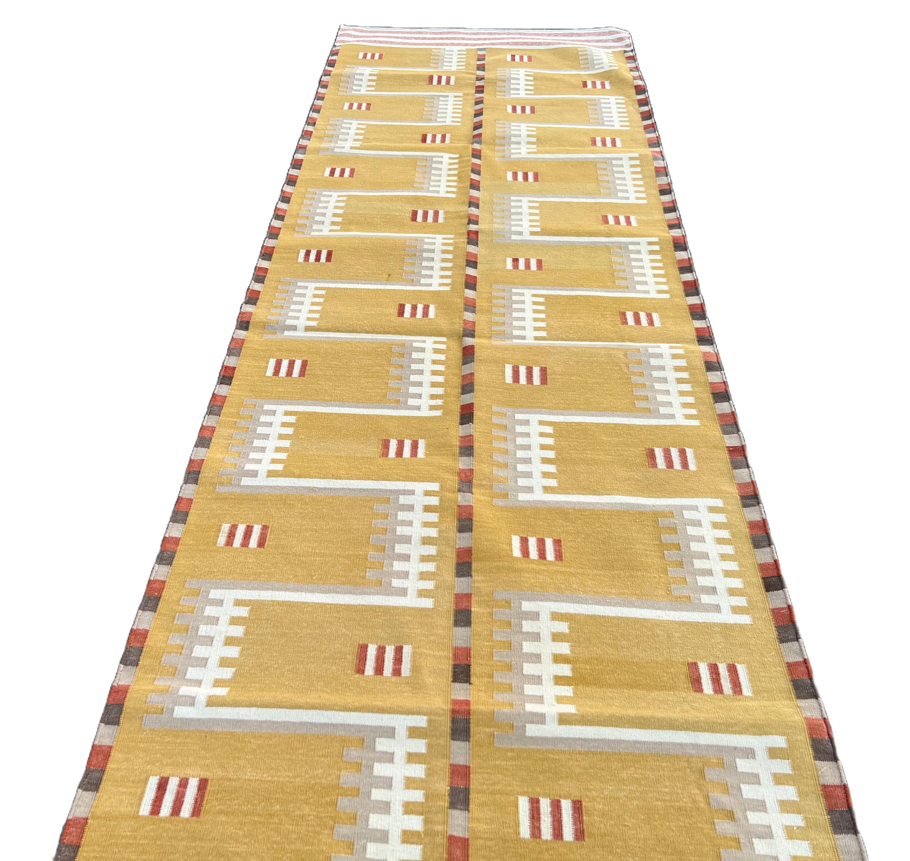 Handmade Cotton Area Flat Weave Runner, 3x10 Mustard Geometric Indian Dhurrie For Sale 1