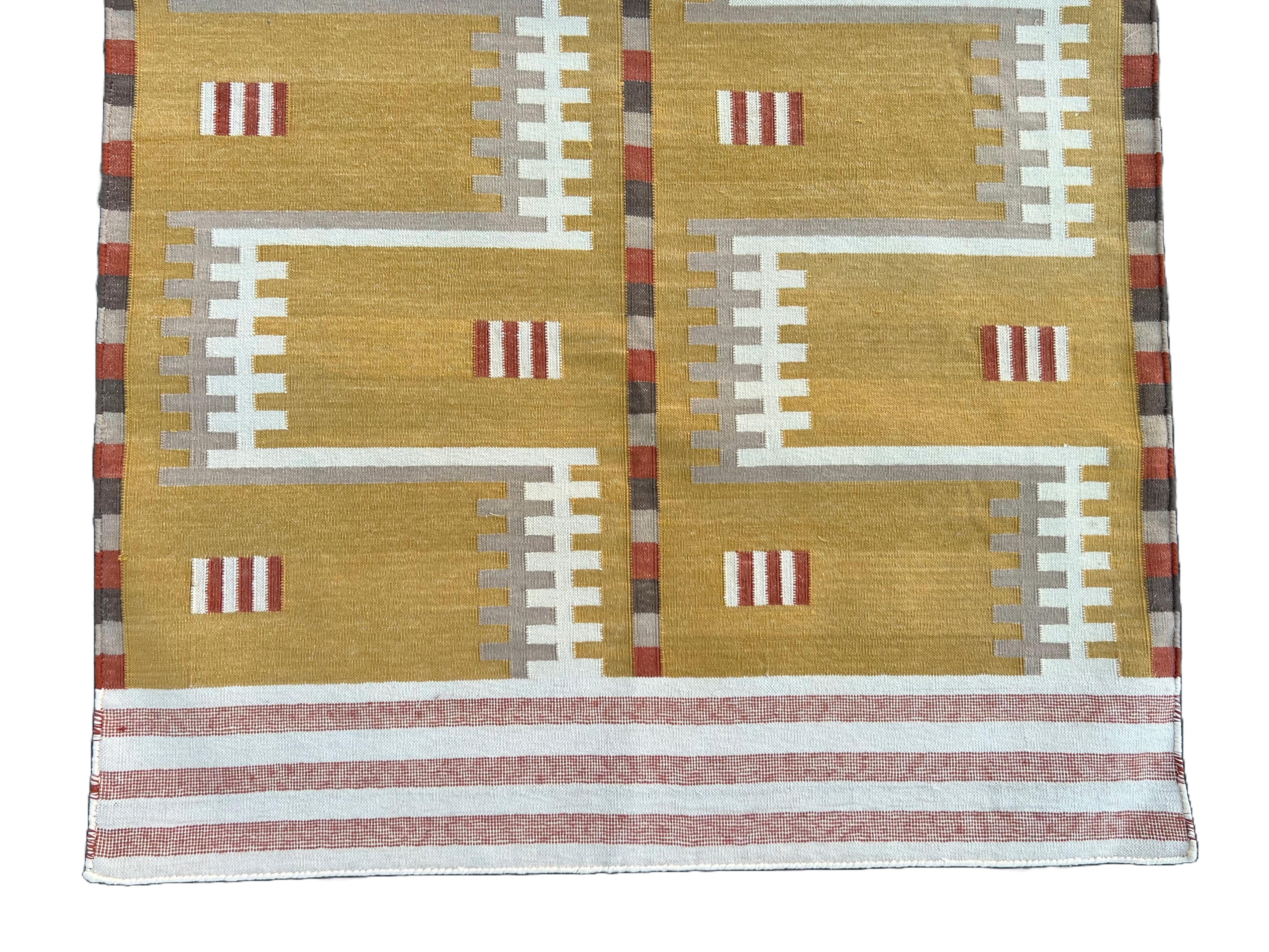 Handmade Cotton Area Flat Weave Runner, 3x10 Mustard Geometric Indian Dhurrie For Sale 2