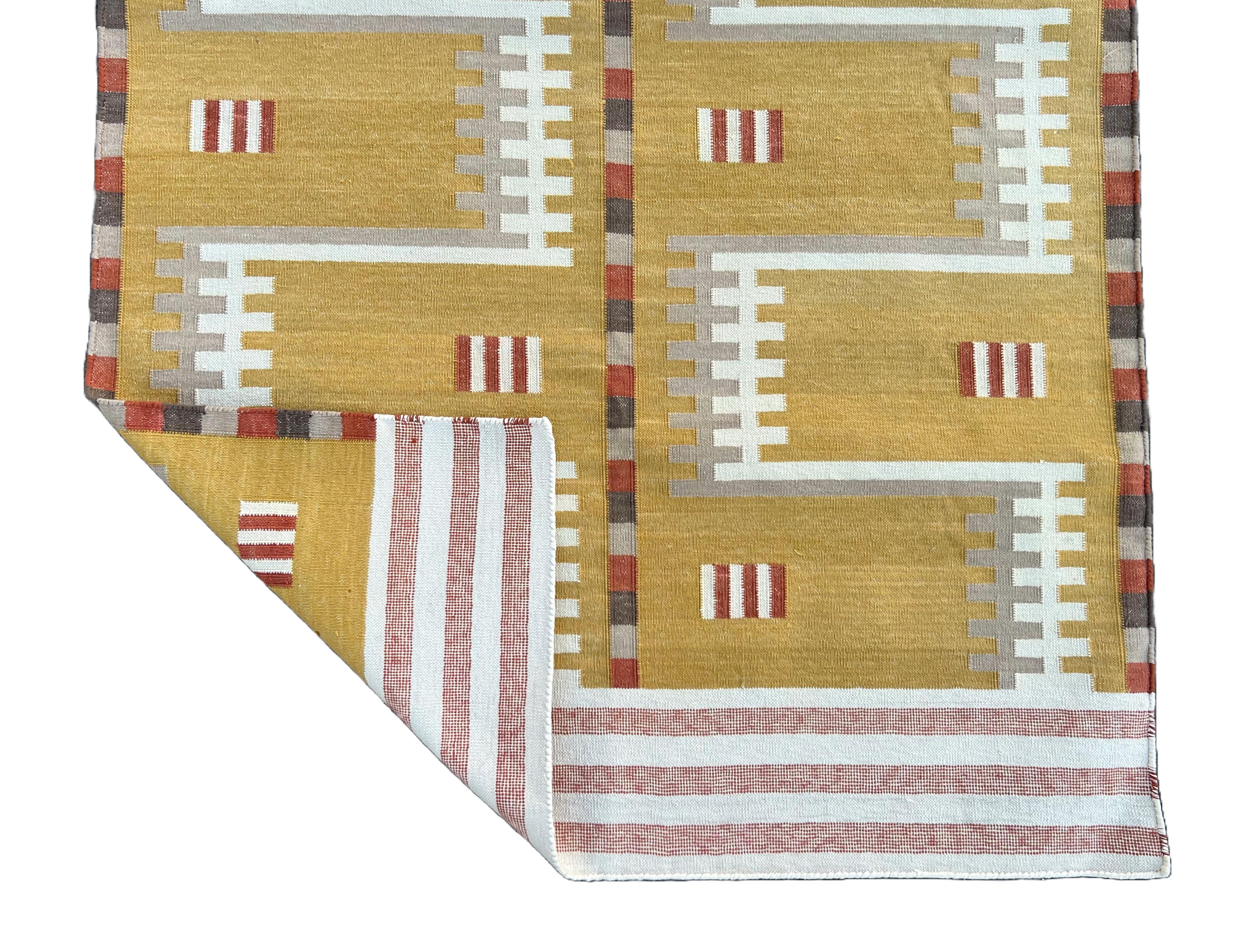 Handmade Cotton Area Flat Weave Runner, 3x10 Mustard Geometric Indian Dhurrie For Sale 3