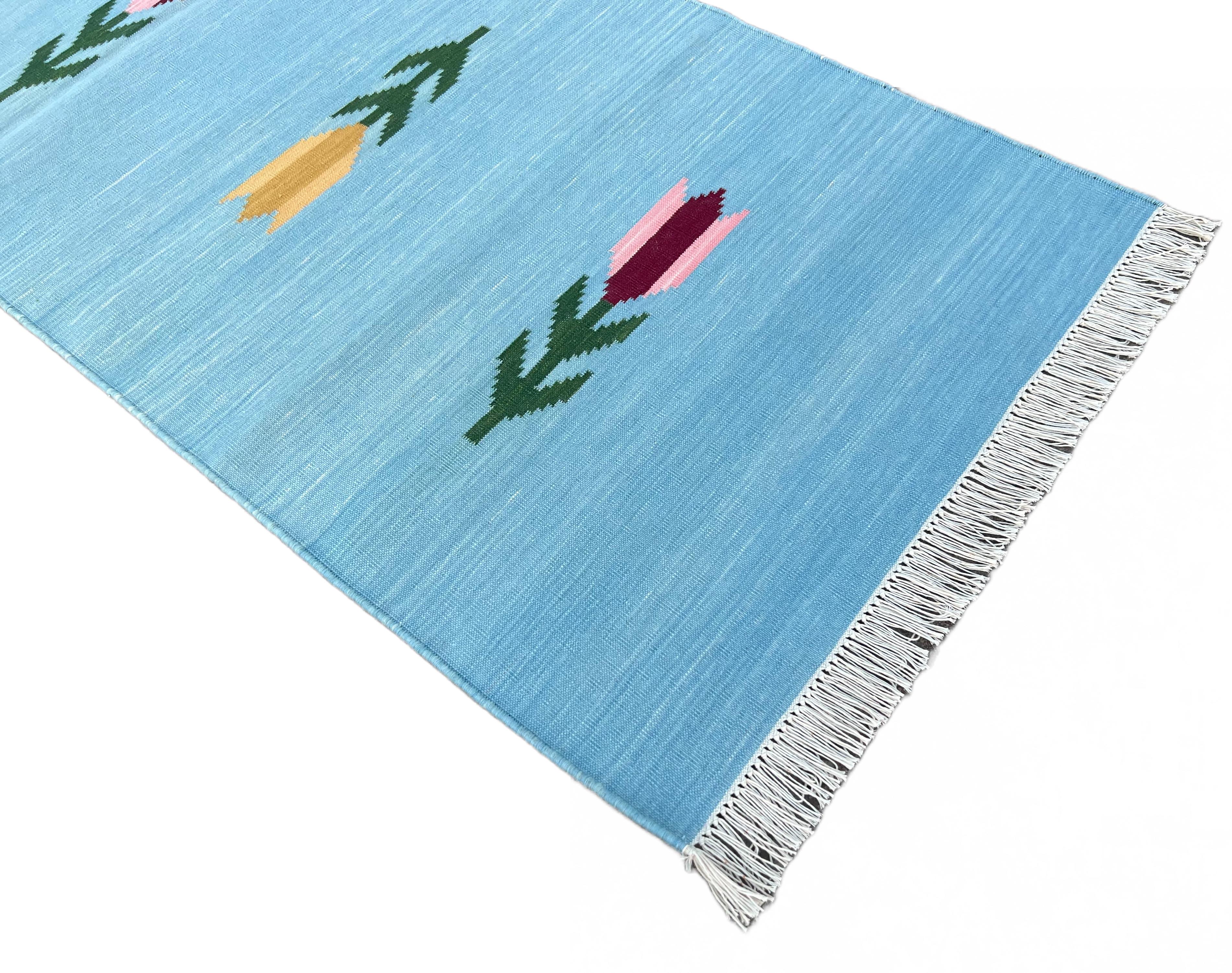Mid-Century Modern Handmade Cotton Area Flat Weave Runner, 2x10 Blue And Green Leaf Indian Dhurrie For Sale