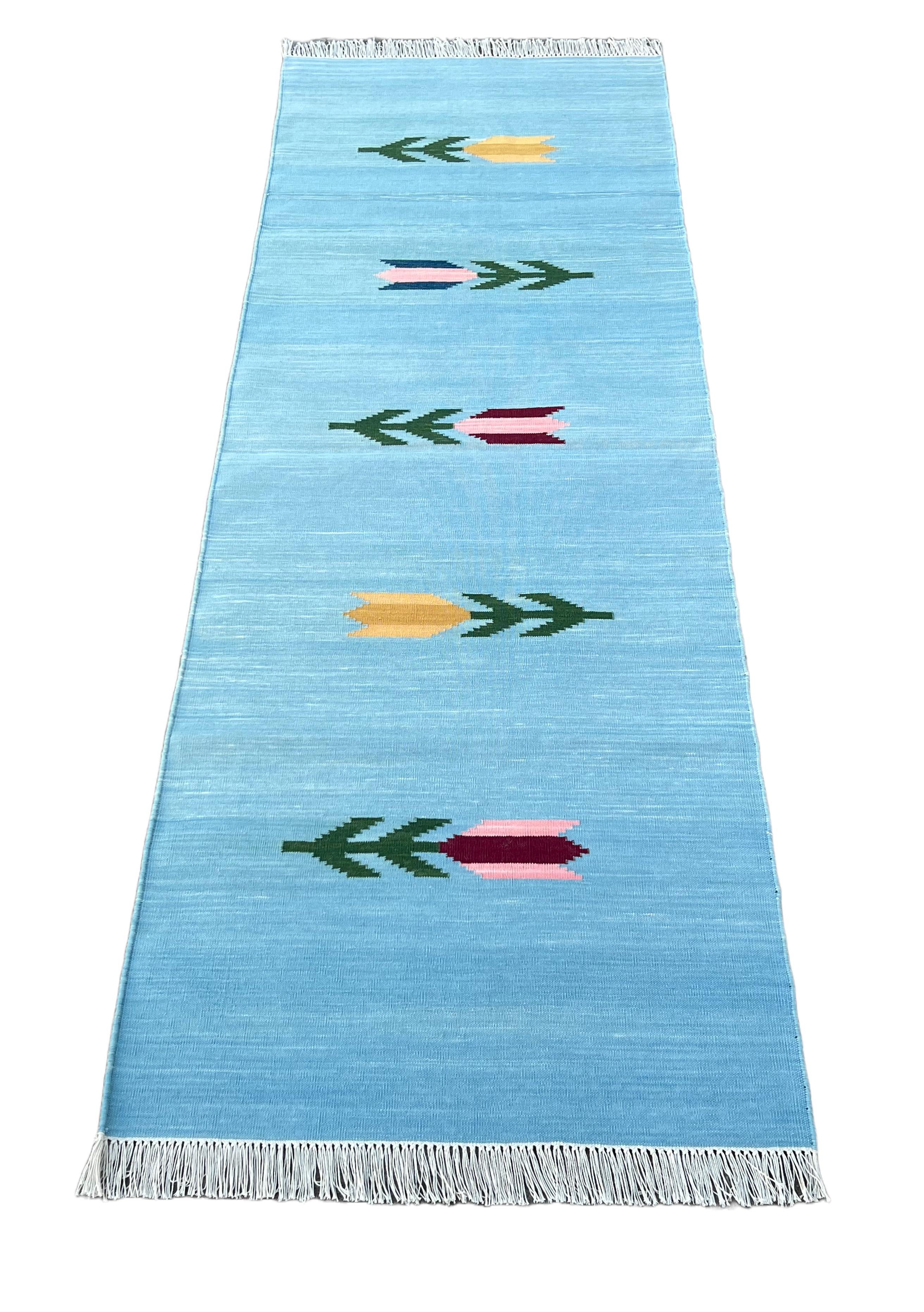 Contemporary Handmade Cotton Area Flat Weave Runner, 2x10 Blue And Green Leaf Indian Dhurrie For Sale