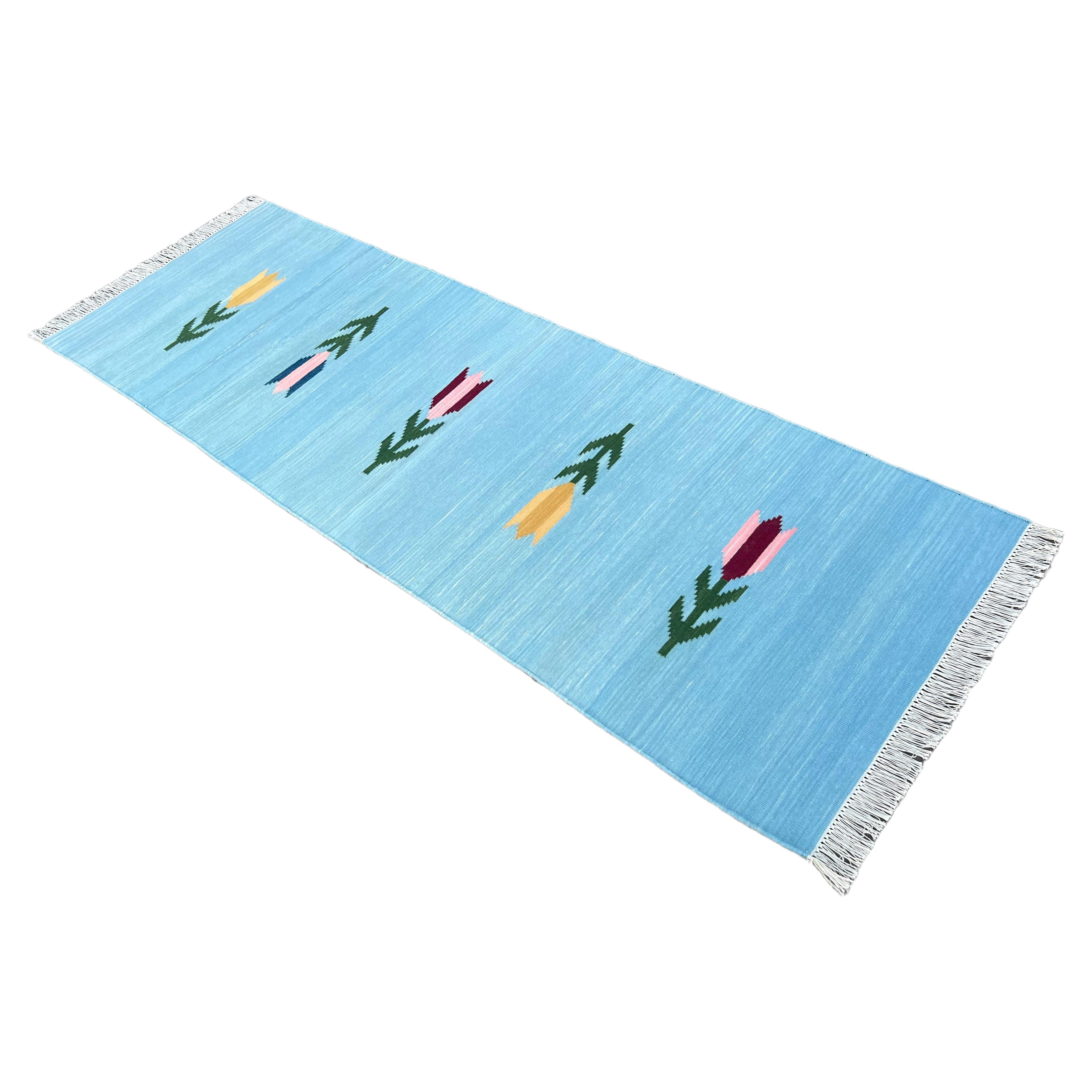 Handmade Cotton Area Flat Weave Runner, 2x10 Blue And Green Leaf Indian Dhurrie For Sale