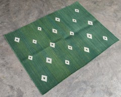 Alfombra de Algodón de Tejido Plano, 2x3 Dhurrie Indio Diamante Verde y Blanco