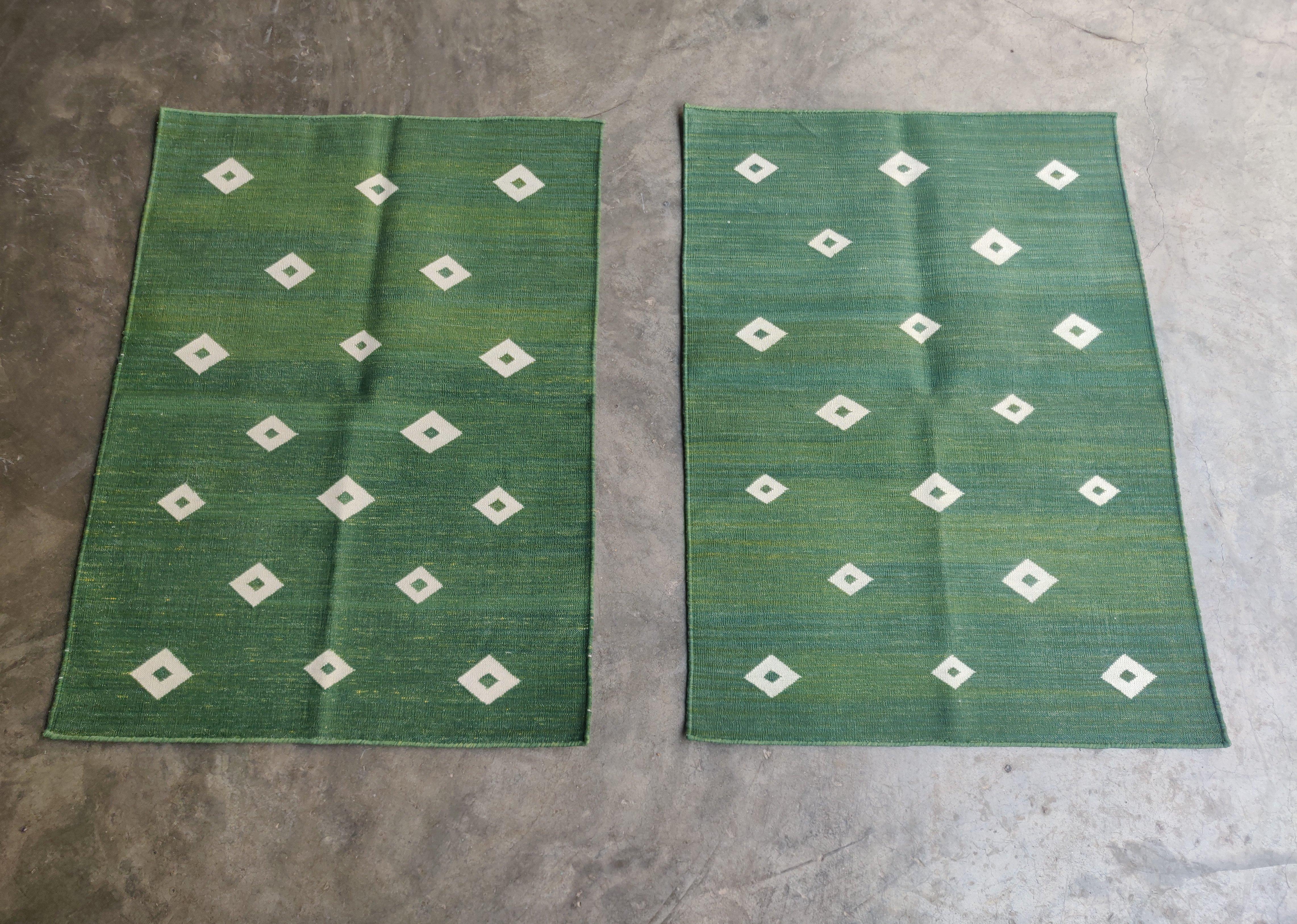 Contemporary Handmade Cotton Flat Weave Area Rug, 2x3 Green And White Diamond Indian Dhurrie For Sale