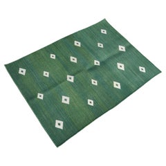 Handgefertigter Flachgewebe-Teppich aus Baumwolle, 2x3 Grüner und weißer Diamant, Indischer Dhurrie
