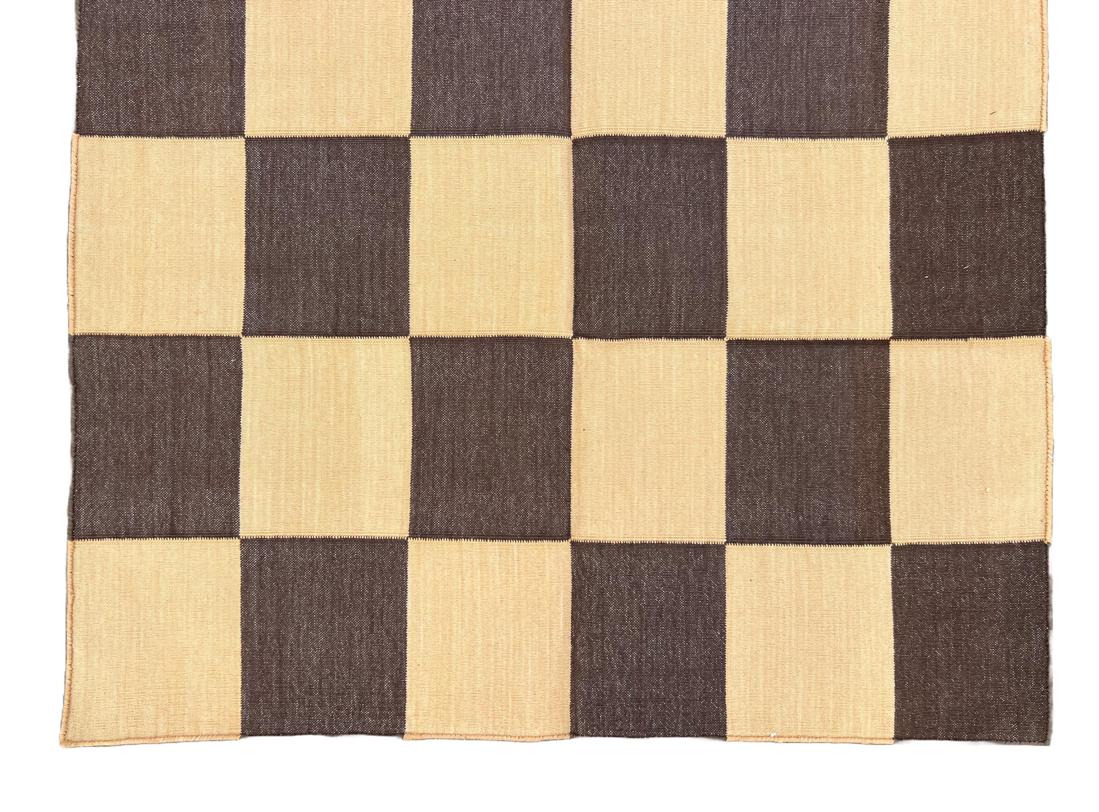 Hand-Woven Handmade Cotton Flat Weave Area Rug, 3x5 Brown And Yellow Checked Indian Dhurrie For Sale