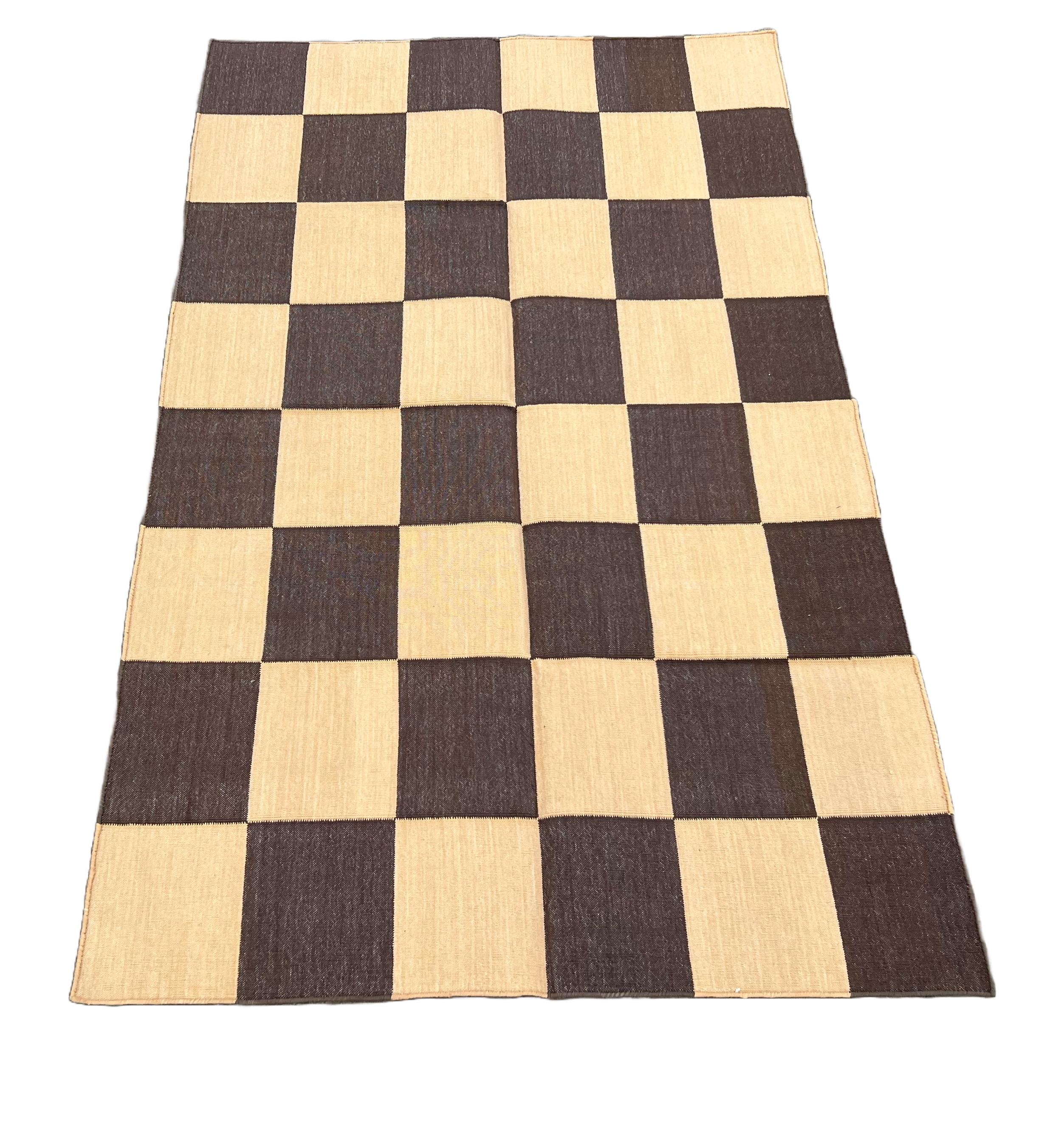 Contemporary Handmade Cotton Flat Weave Area Rug, 3x5 Brown And Yellow Checked Indian Dhurrie For Sale
