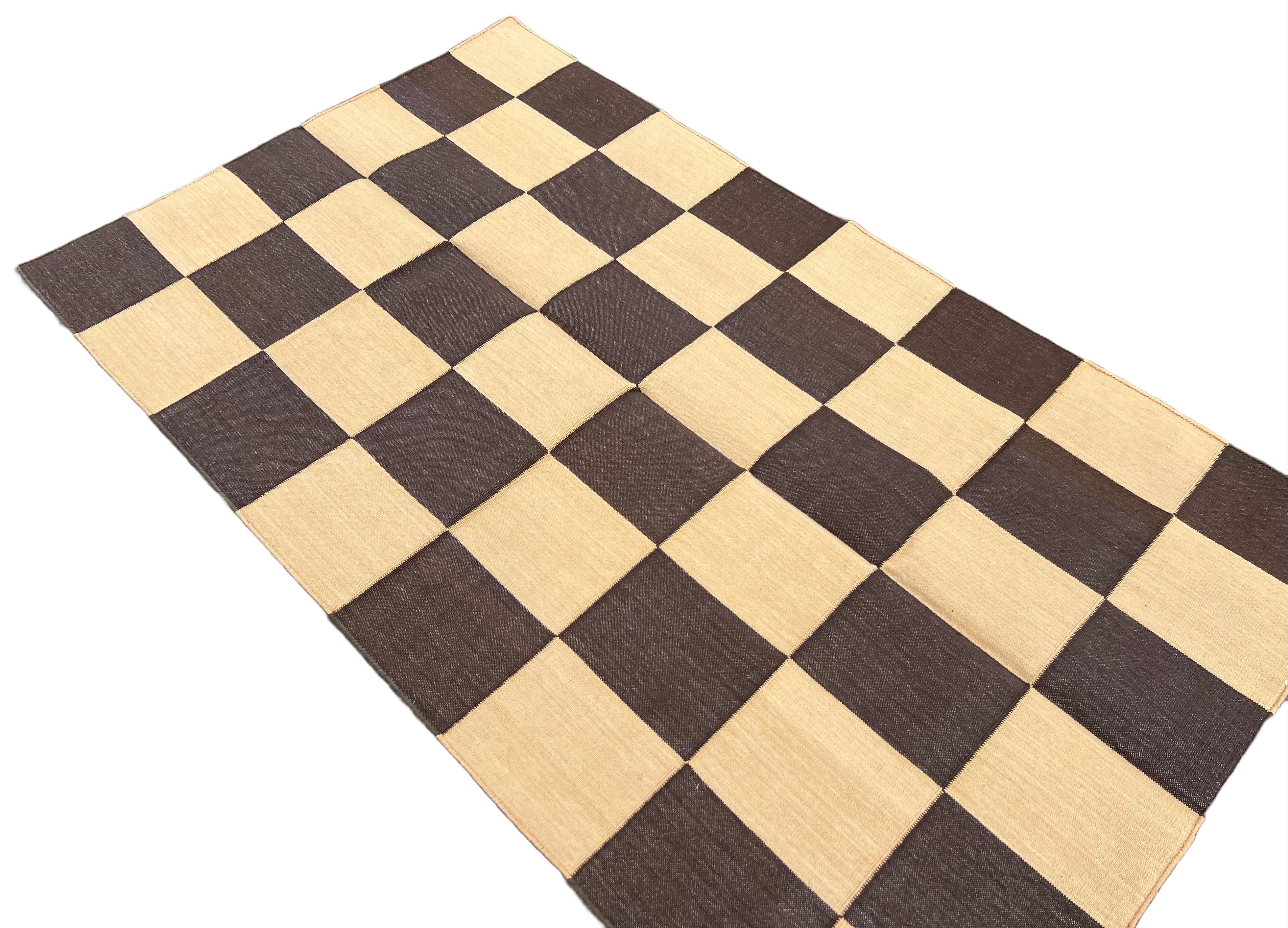 Handmade Cotton Flat Weave Area Rug, 3x5 Brown And Yellow Checked Indian Dhurrie For Sale 1