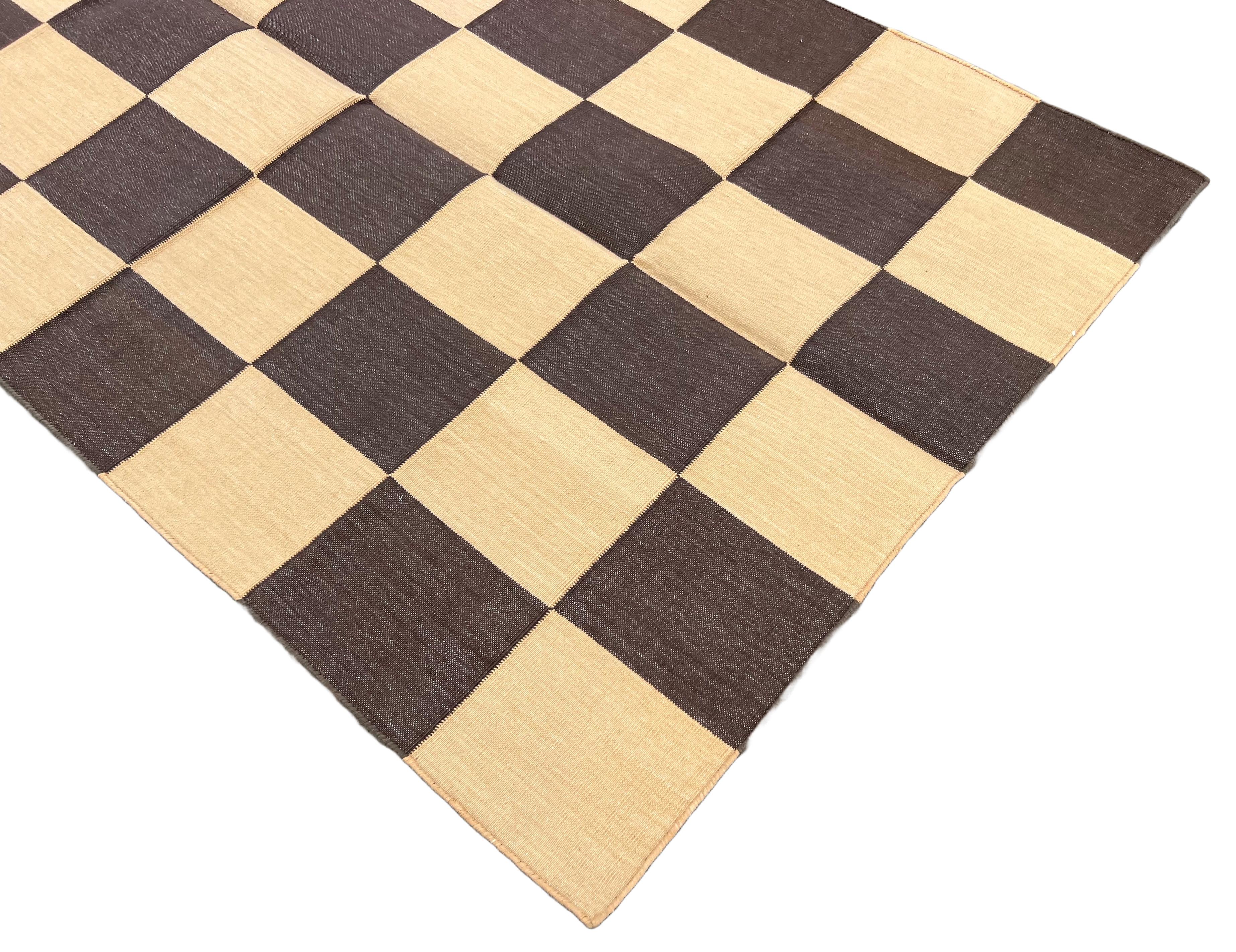 Handmade Cotton Flat Weave Area Rug, 3x5 Brown And Yellow Checked Indian Dhurrie For Sale 2