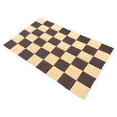 Tappeto per l'area a trama piatta in cotone fatto a mano, 3x5 marrone e giallo a quadri indiani Dhurrie