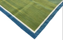 Handmade Cotton Flat Weave Area Rug, 3x5 Green And Blue Striped Indian Dhurrie