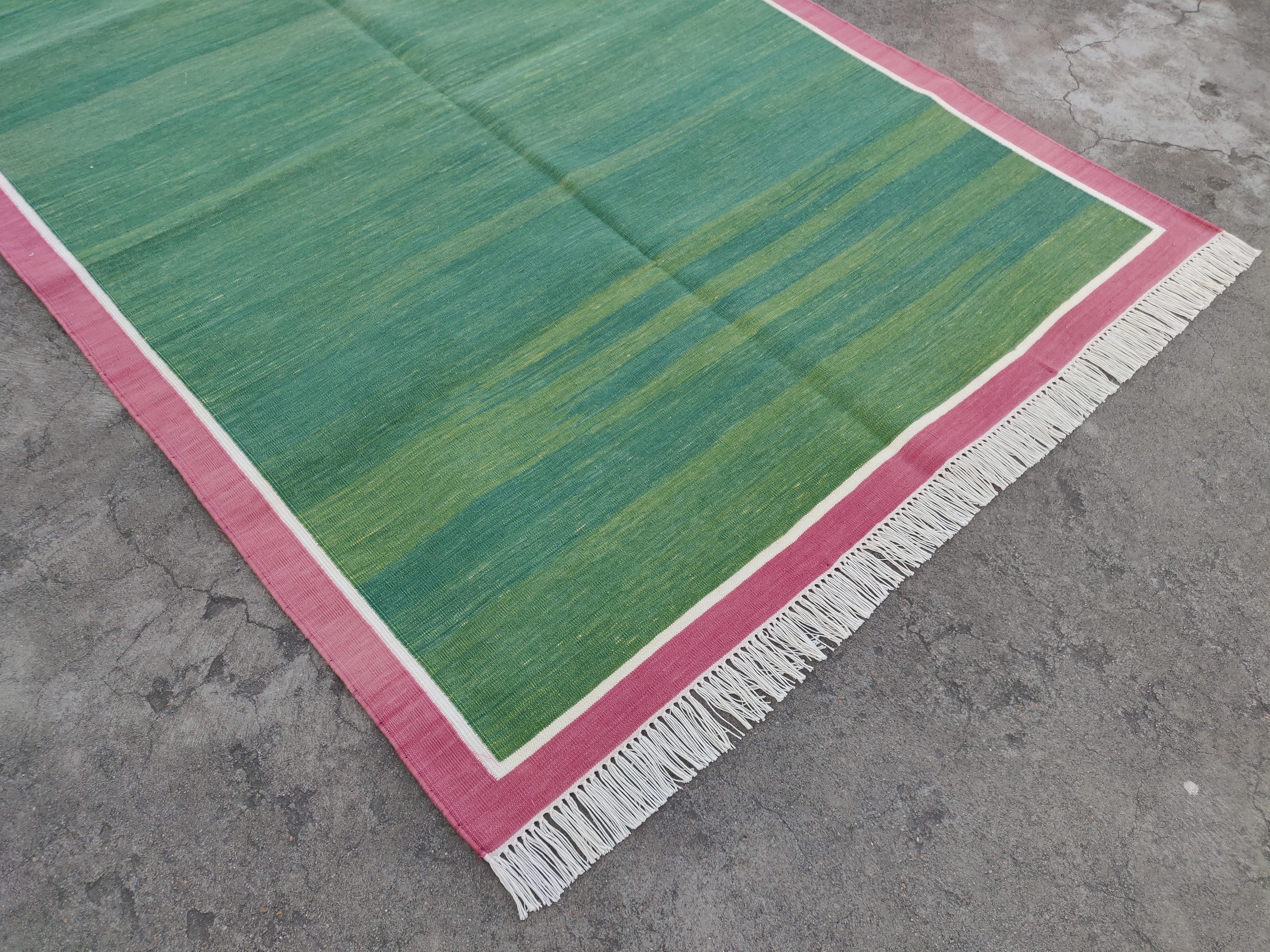 Mid-Century Modern Handmade Cotton Flat Weave Area Rug, 4x6 Green And Pink Indian Dhurrie Kilim Rug For Sale