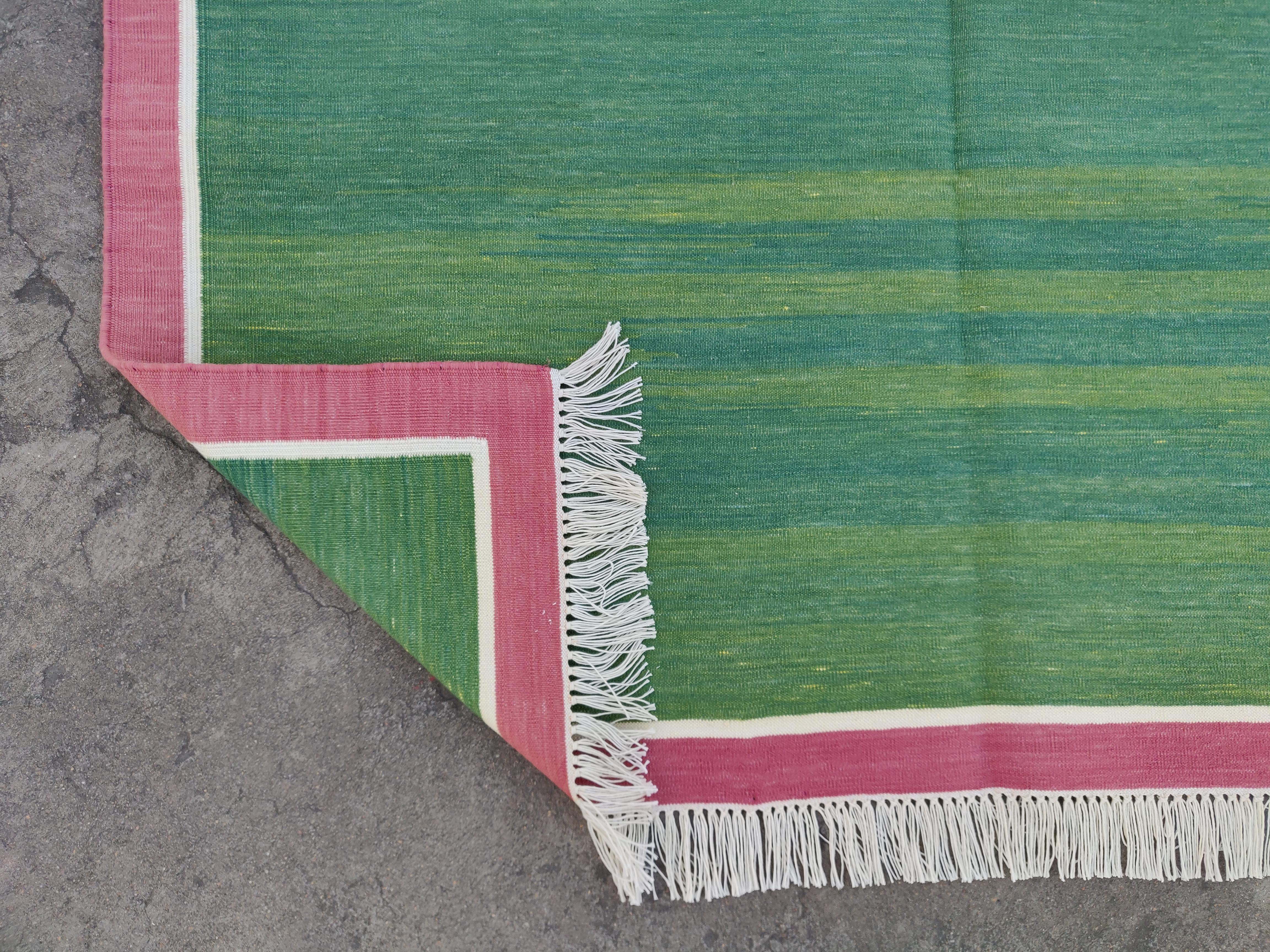 Contemporary Handmade Cotton Flat Weave Area Rug, 4x6 Green And Pink Indian Dhurrie Kilim Rug For Sale