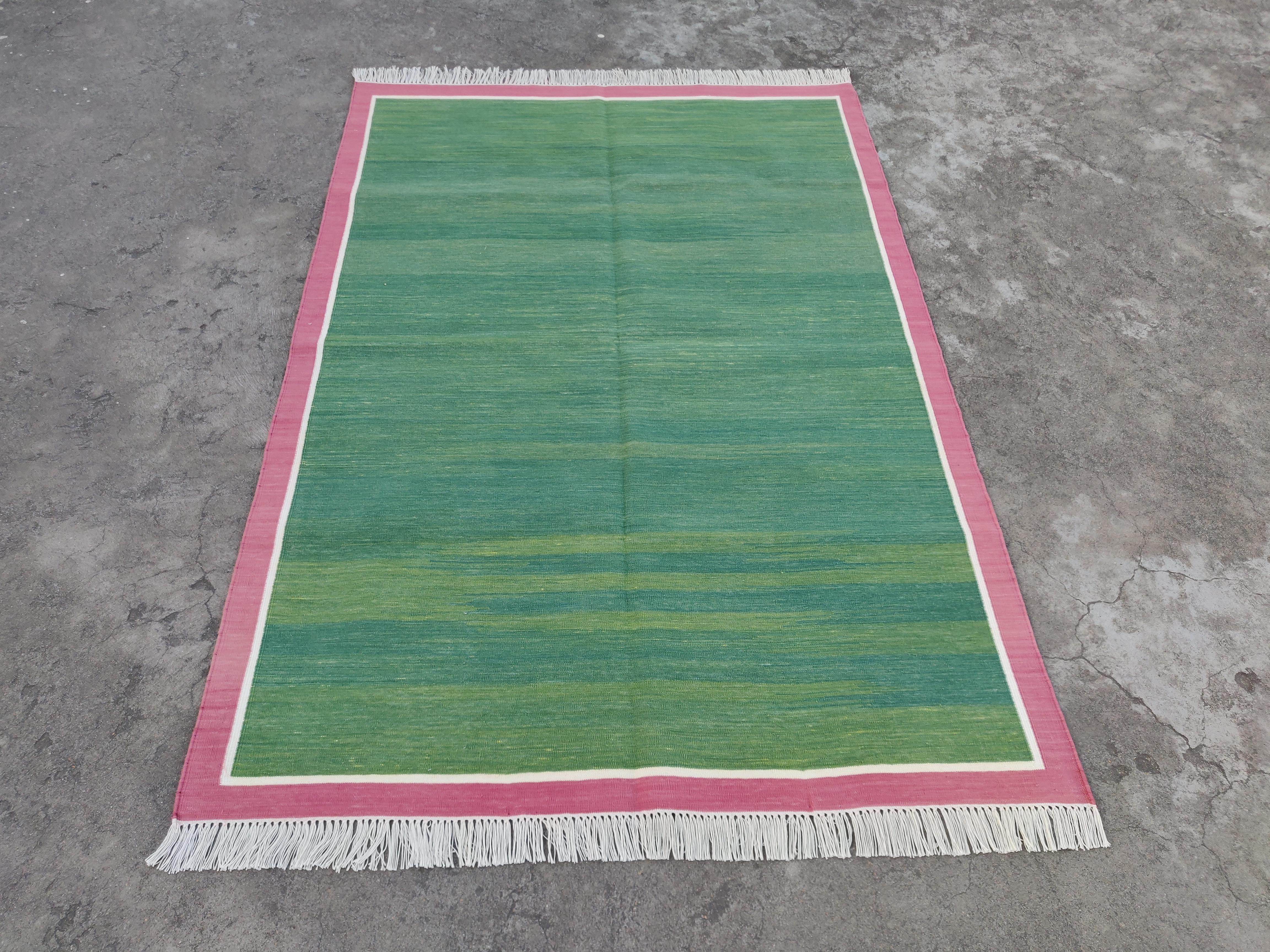 Handmade Cotton Flat Weave Area Rug, 4x6 Green And Pink Indian Dhurrie Kilim Rug For Sale 1