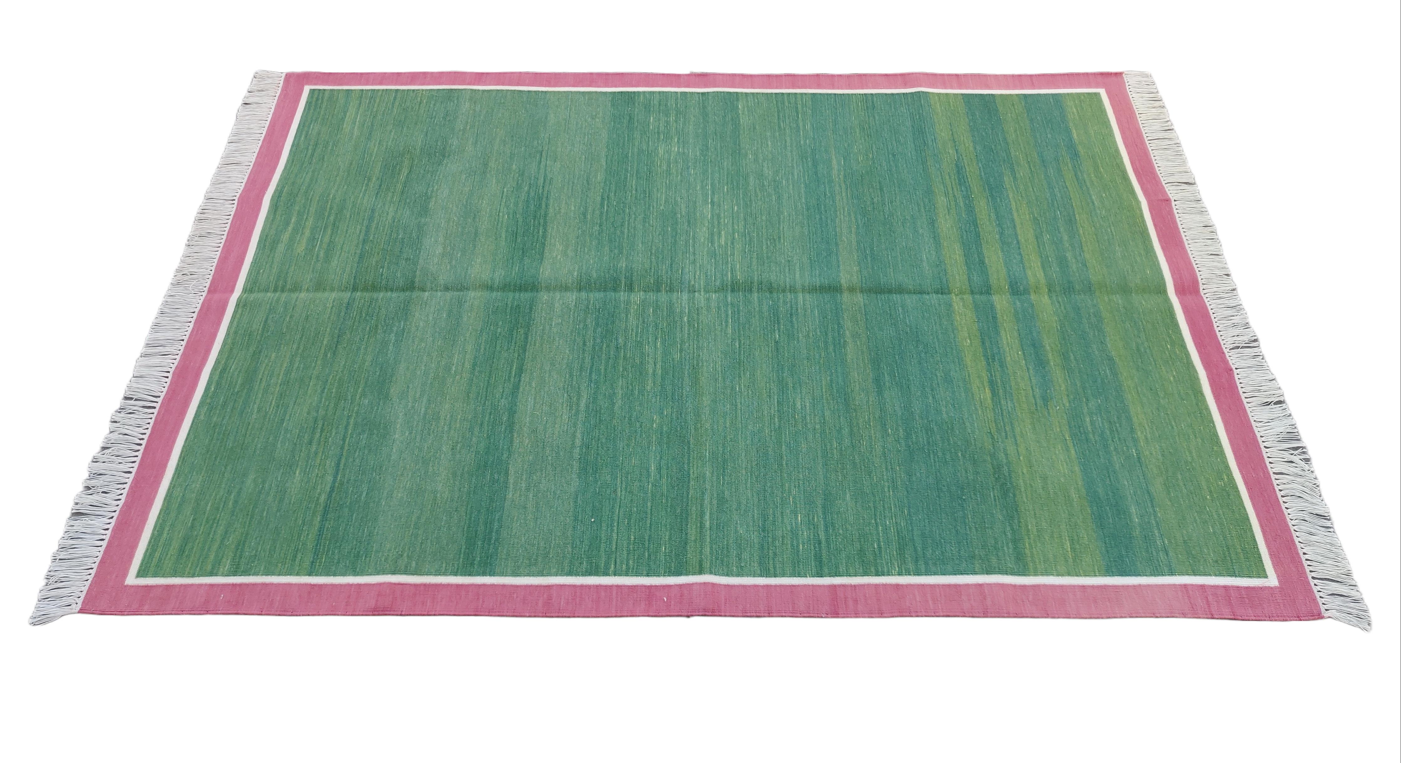 Handmade Cotton Flat Weave Area Rug, 4x6 Green And Pink Indian Dhurrie Kilim Rug For Sale 3