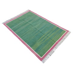 Alfombra de algodón de tejido plano, 4x6 Alfombra india Dhurrie Kilim verde y rosa