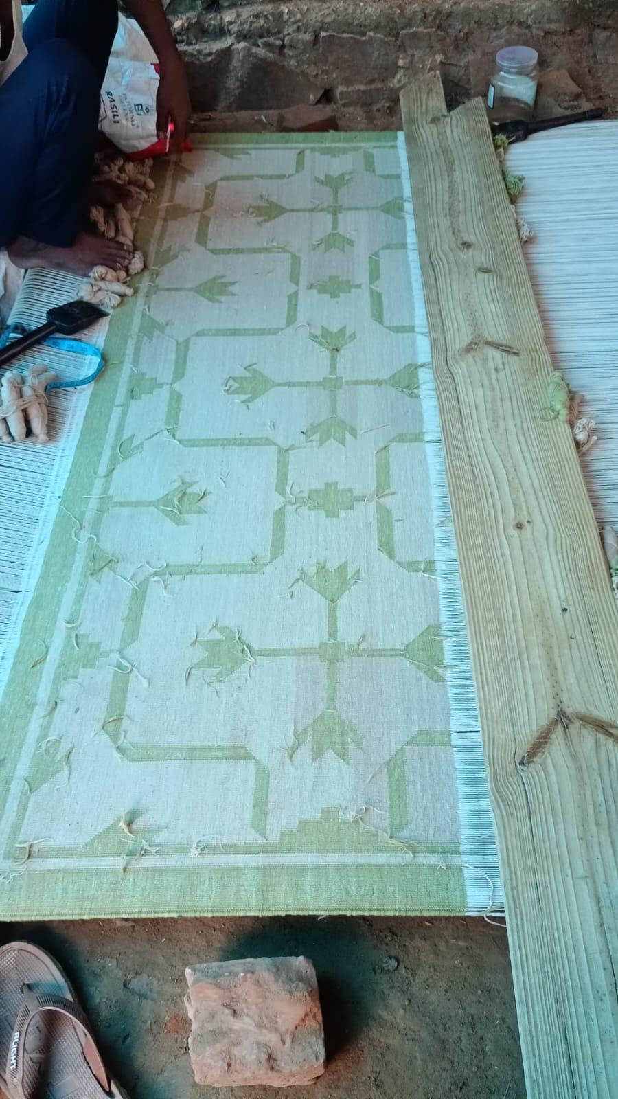 Handmade Cotton Flat Weave Area Rug, 6x9 Beige And Green Leaf Indian Dhurrie Rug For Sale 6