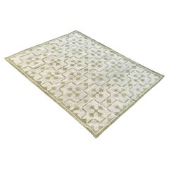 Handmade Cotton Flat Weave Area Rug, 6x9 Beige And Green Leaf Indian Dhurrie Rug