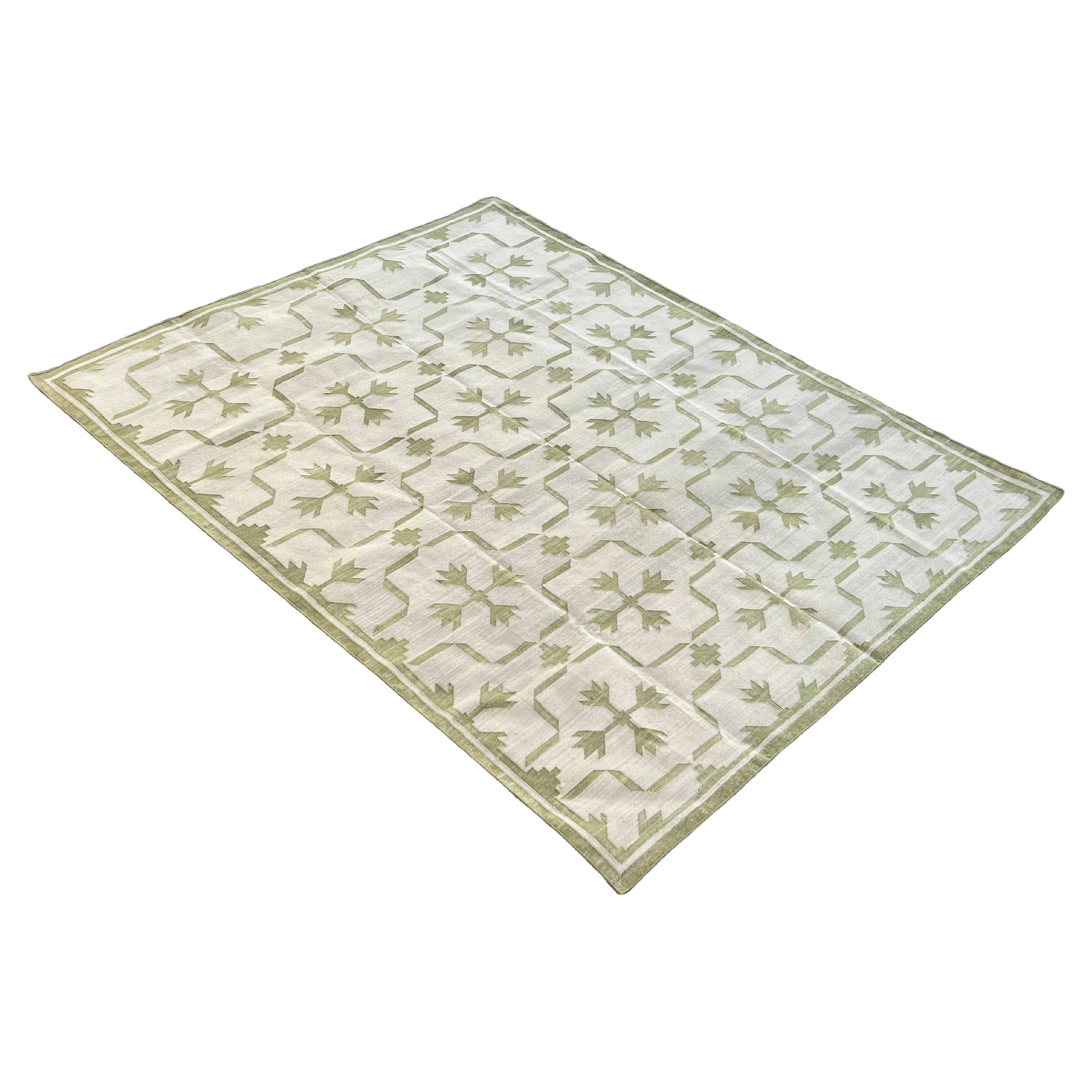 Handmade Cotton Flat Weave Area Rug, 6x9 Beige And Green Leaf Indian Dhurrie Rug For Sale