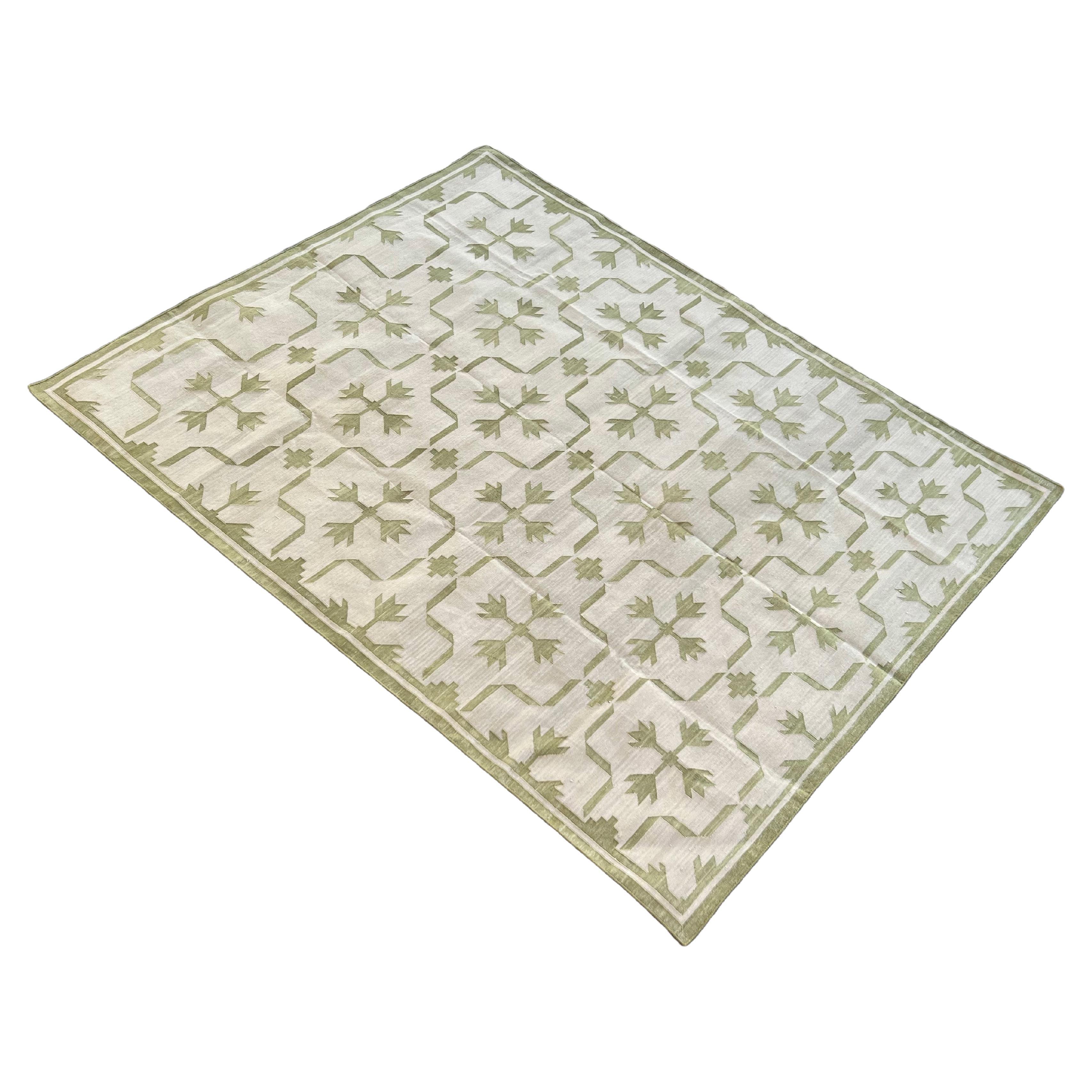 Handmade Cotton Flat Weave Area Rug, 6x9 Beige And Green Leaf Indian Dhurrie Rug For Sale