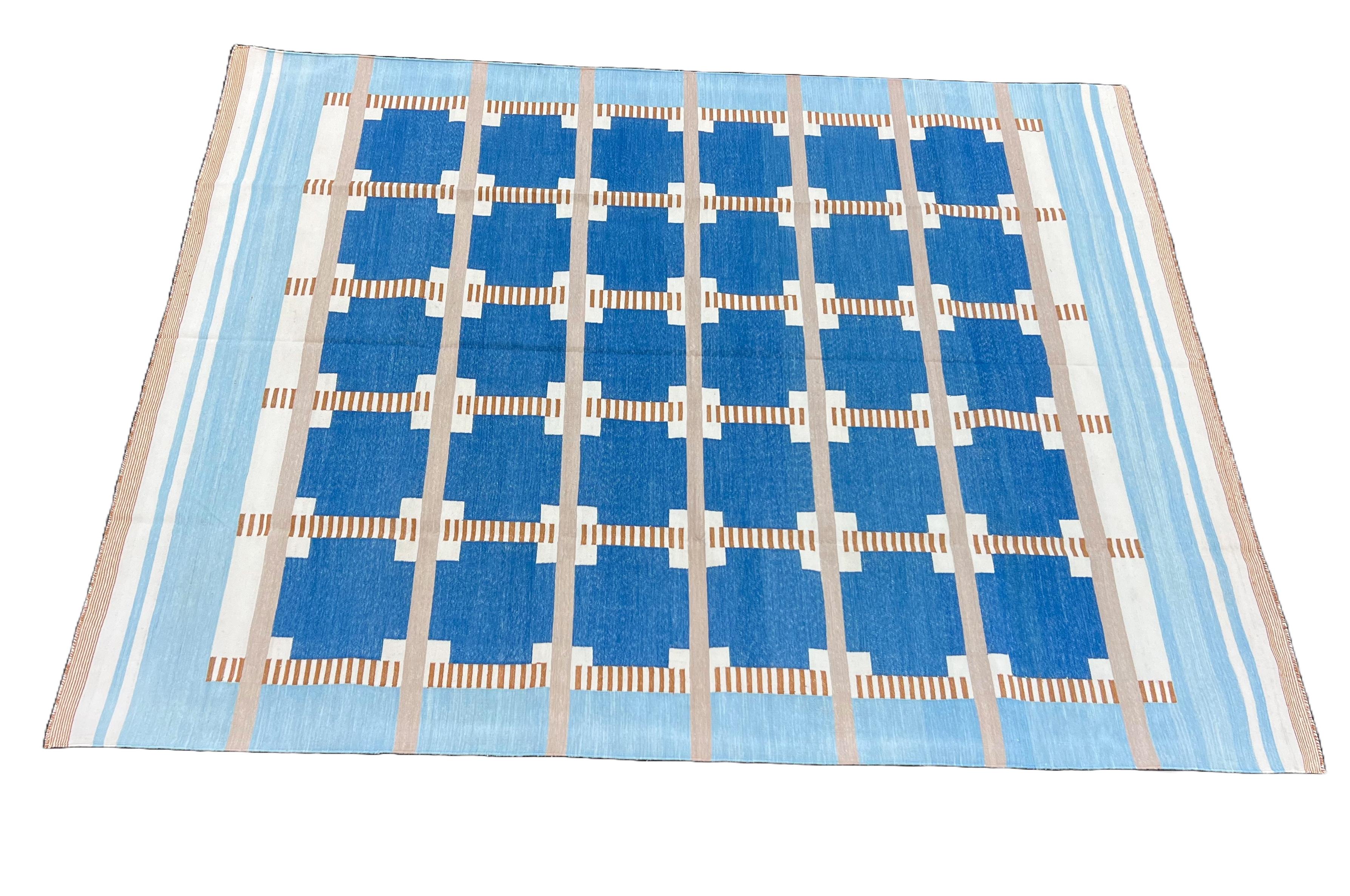 Cotton Vegetable Dyed Area Rug, Blue, Cream, Beige And Tan Geometric Patterned Indian Dhurrie Rug-6'x9' (180x270cm)

These special flat-weave dhurries are hand-woven with 15 ply 100% cotton yarn. Due to the special manufacturing techniques used to
