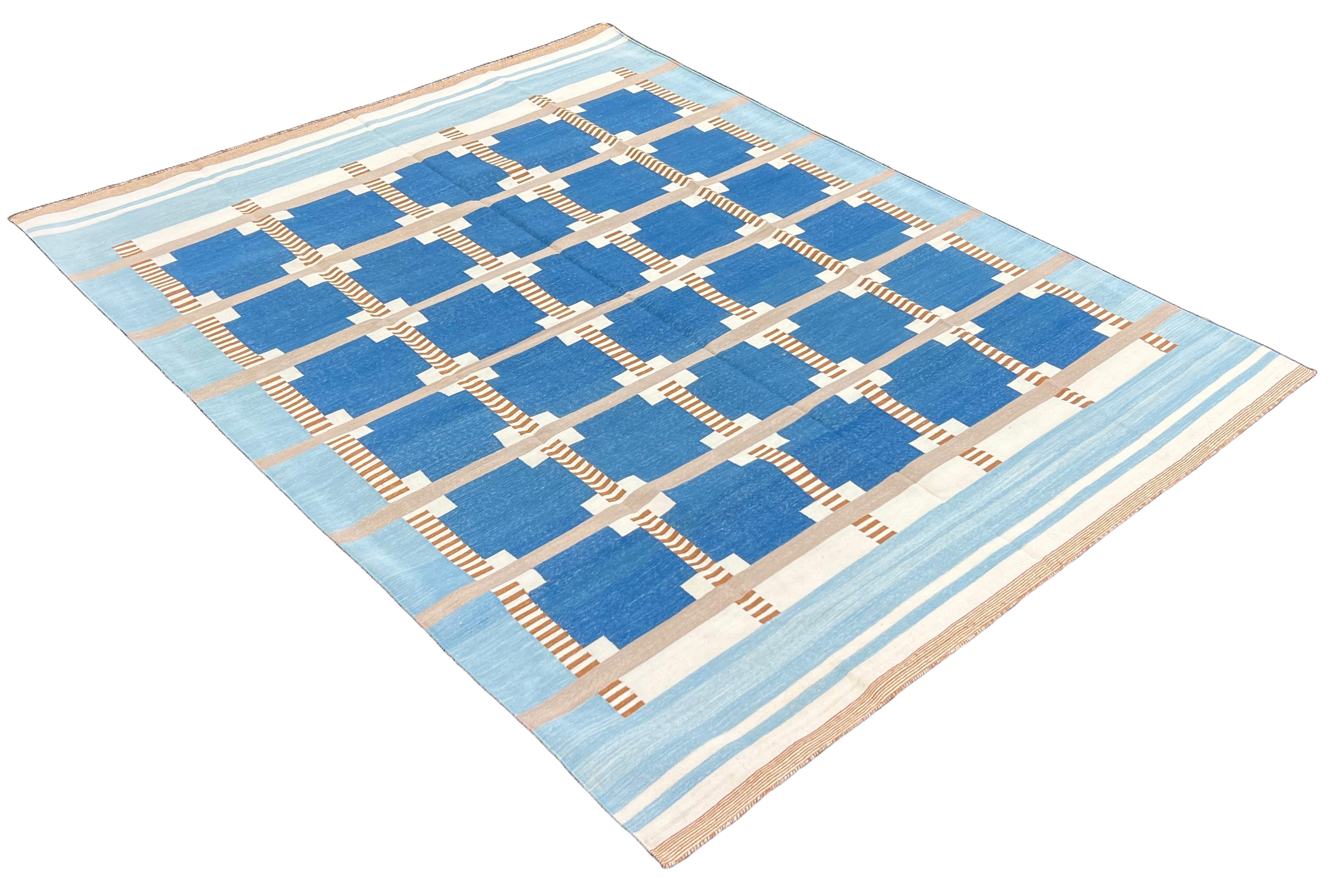 Mid-Century Modern Handmade Cotton Flat Weave Area Rug, 6x9 Blue And Beige Geometric Indian Dhurrie For Sale