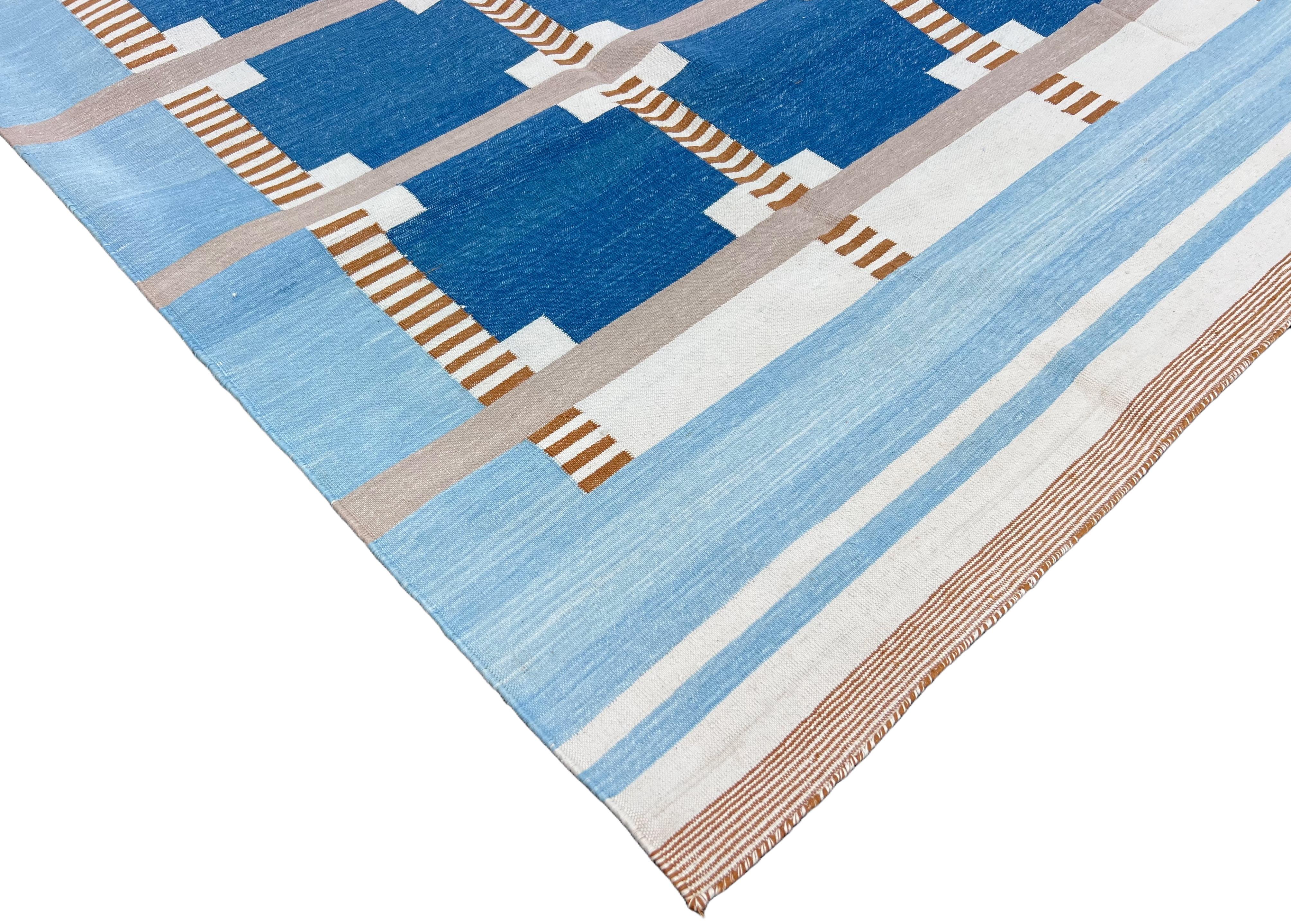Hand-Woven Handmade Cotton Flat Weave Area Rug, 6x9 Blue And Beige Geometric Indian Dhurrie For Sale