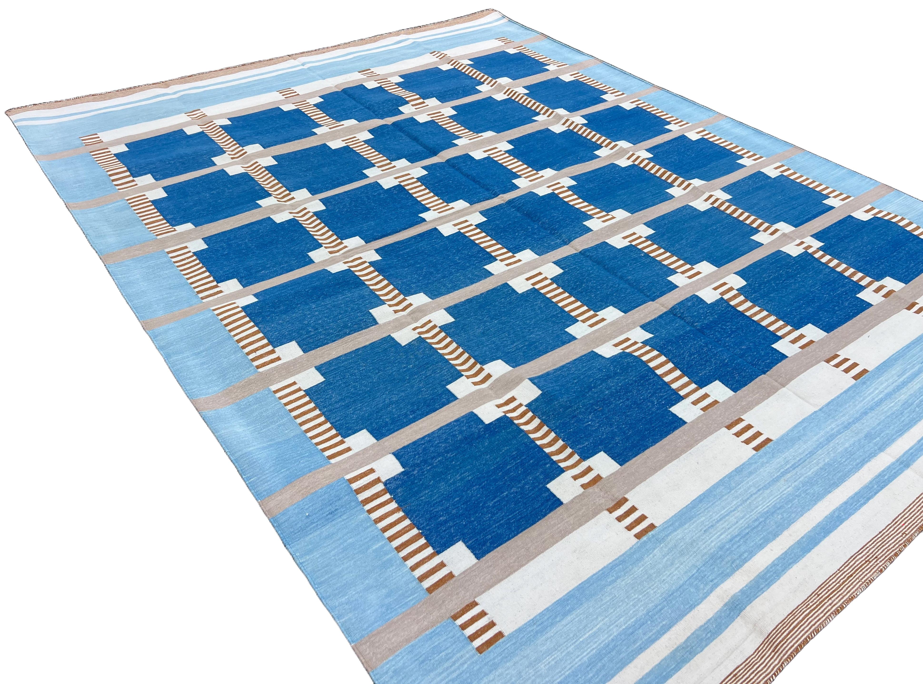 Contemporary Handmade Cotton Flat Weave Area Rug, 6x9 Blue And Beige Geometric Indian Dhurrie For Sale