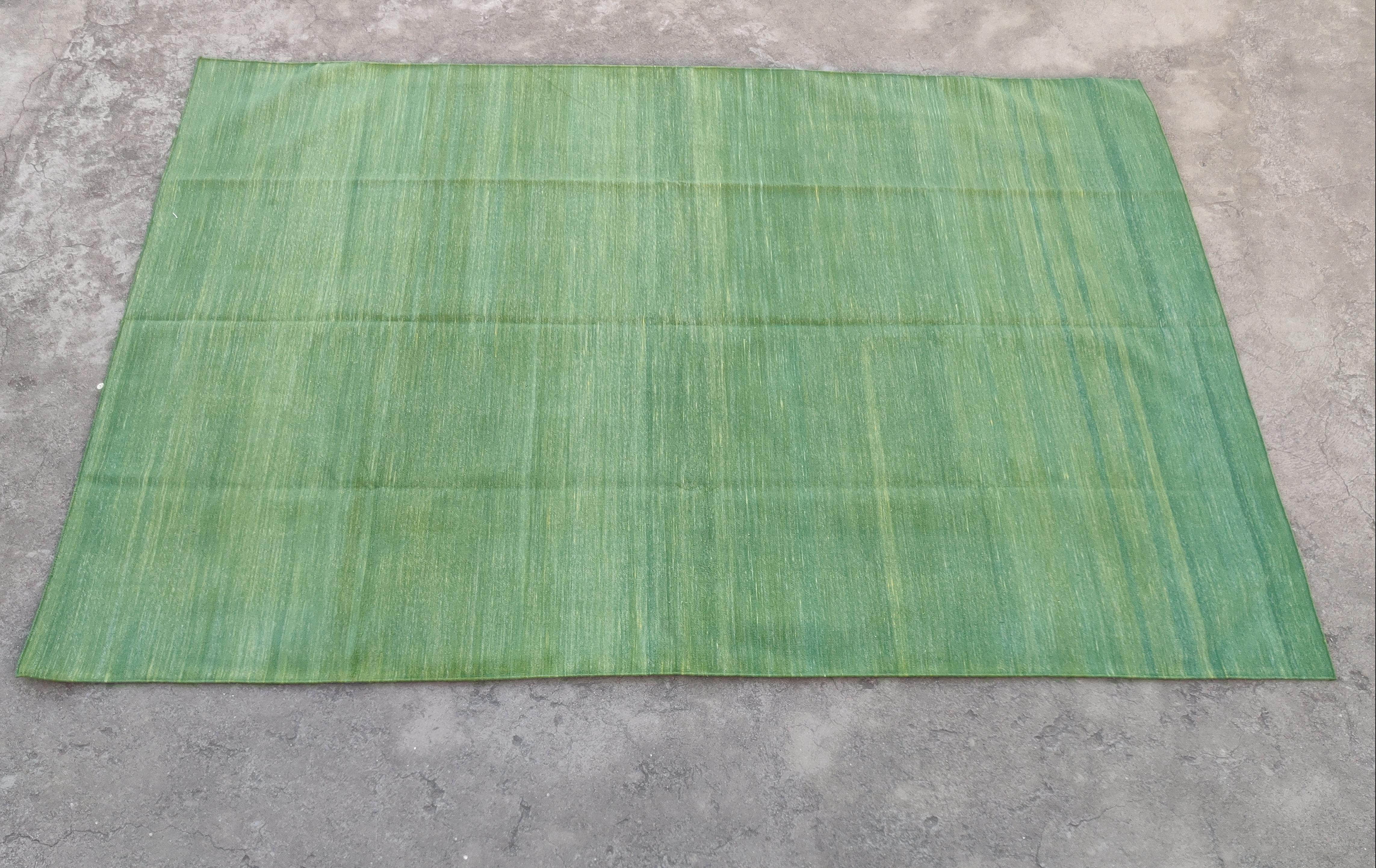 Alfombra de Algodón de Tejido Plano, 6x9 Verde Bosque Sólido Dhurrie Kilim Indio en venta 3